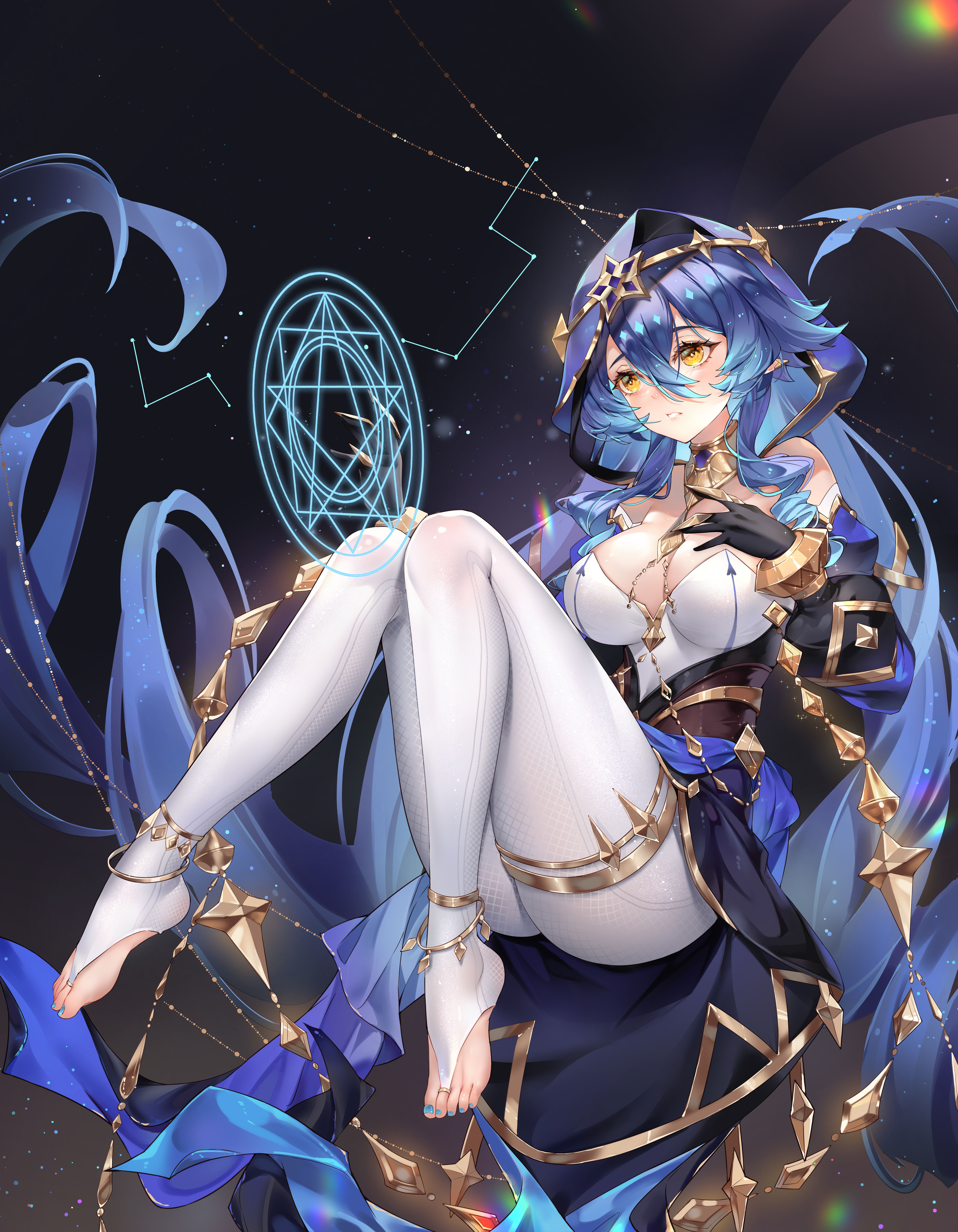 Anime 6224x8000 anime anime girls Layla (Genshin Impact) Genshin Impact Melailai portrait display bent legs pentagram two tone hair gradient hair pointy ears hair between eyes blushing yellow eyes bare shoulders pointed toes leg ring tailcoat constellations painted toenails blue nails legs stars hoods anklet pantyhose parted lips big boobs twintails blue hair no bra