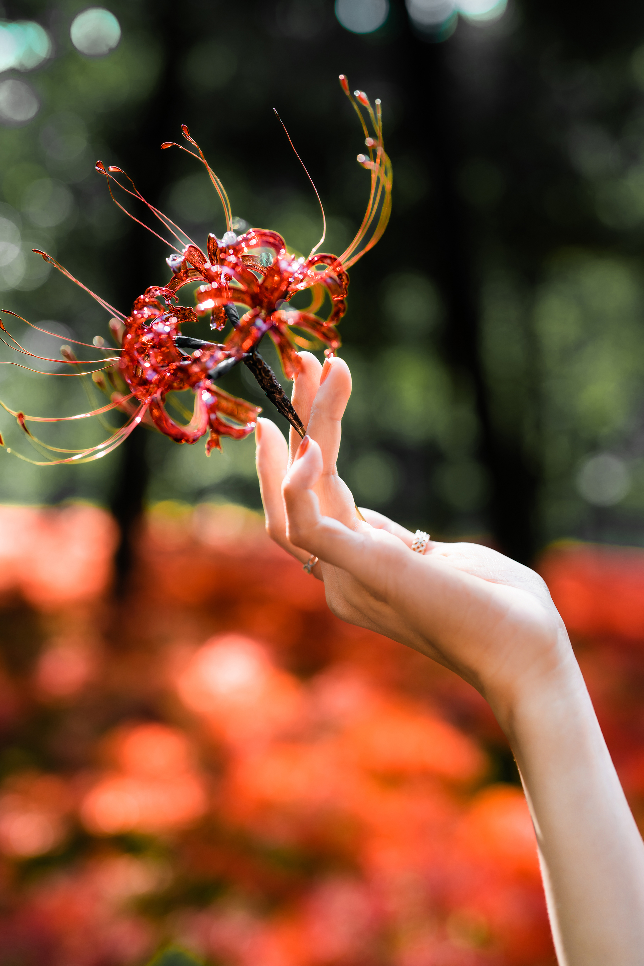 People 2048x3070 Ely Asian Higanbana spider lilies flowers hands rings bokeh forest