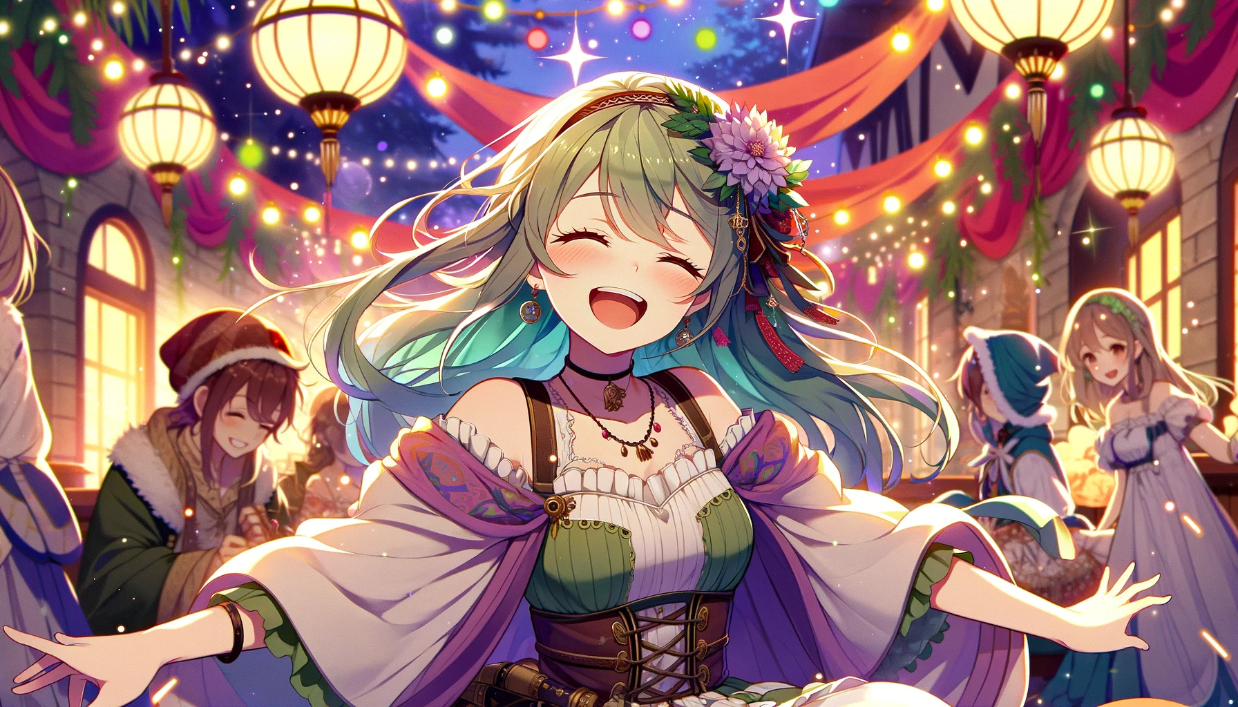 Anime 1792x1024 magician anime girls anime digital art AI art bare shoulders closed eyes open mouth flower in hair stars long sleeves wide sleeves necklace earring sky jewelry flowers sky lanterns blushing long hair smiling lantern frills