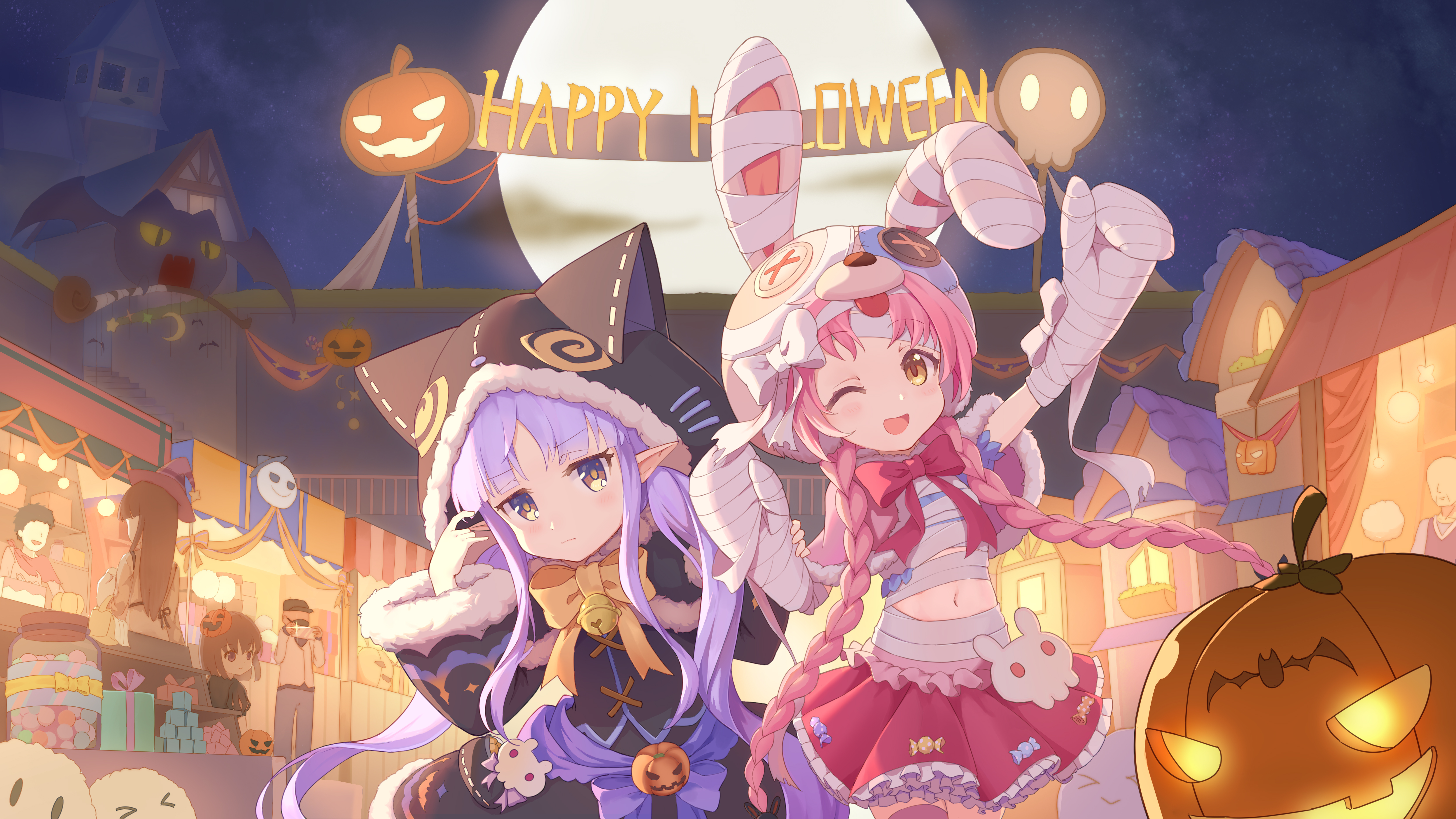 Anime 4992x2808 Princess Connect Re:Dive pumpkin Halloween anime one eye closed looking at viewer smiling anime girls open mouth long hair pointy ears Moon moonlight sky building belly belly button bandages loli skirt frills lights wide sleeves long sleeves twintails braids hoods
