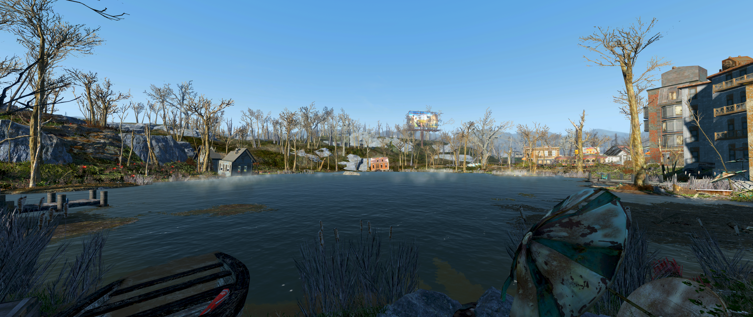 General 2560x1080 Fallout Fallout 4 video game art landscape environment digital art screen shot water sky trees CGI building umbrella video games jetty boat