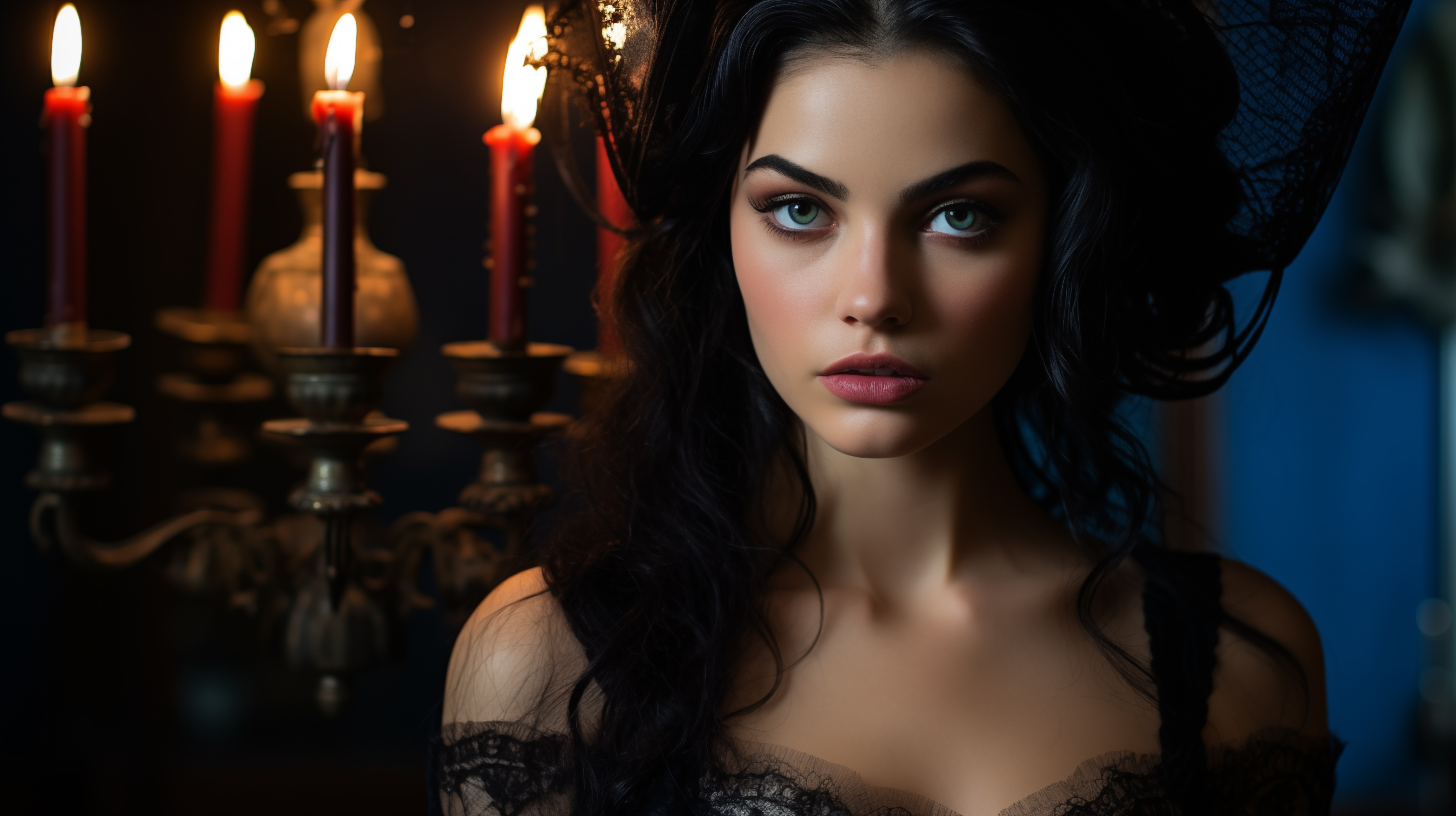General 5824x3264 AI art digital art portrait Victorian victorian clothes Gothic looking at viewer face candles parted lips blue eyes bare shoulders long hair black hair chandeliers wavy hair blurred blurry background