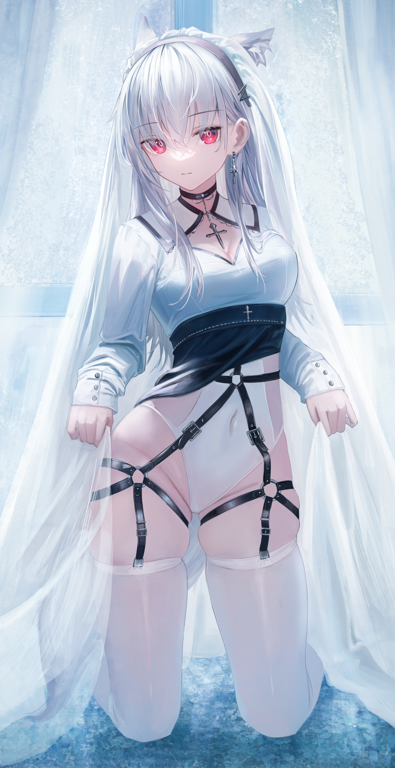 Anime 1262x2454 anime anime girls cat girl lingerie Frostleaf(Arknights) kneeling Arknights portrait display stockings looking at viewer cat ears closed mouth earring red eyes long hair cross hair ornament thighs on the floor indoors women indoors white hair window body harness veils