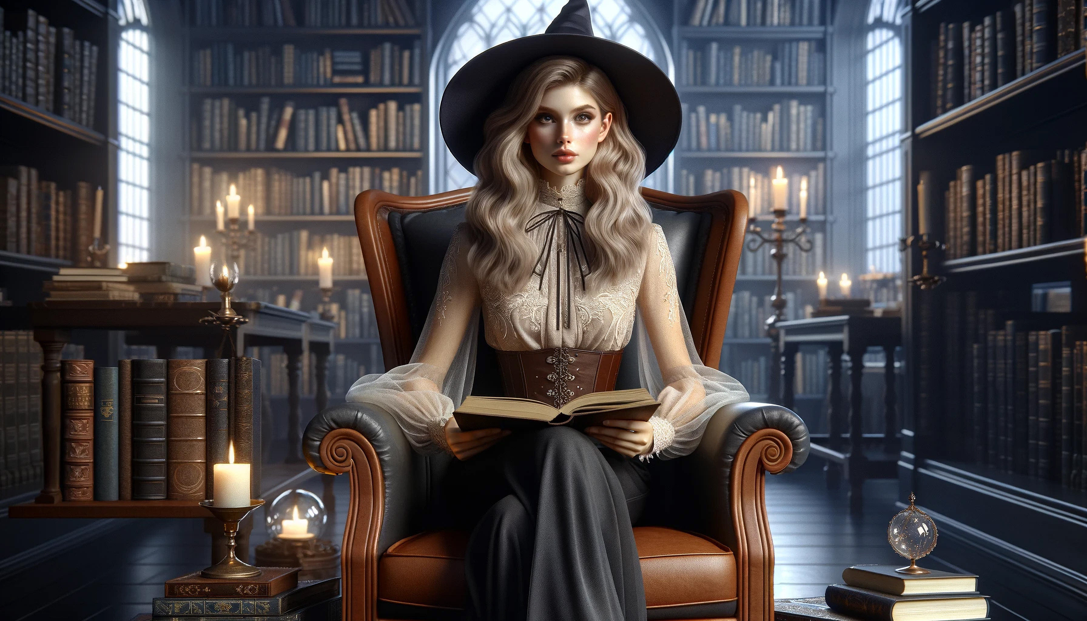 General 3584x2048 AI art digital art witch library wizard wizard's hat wizarding world armchair book in hand sitting legs crossed books fire looking at viewer wavy hair candles long hair dress closed mouth window