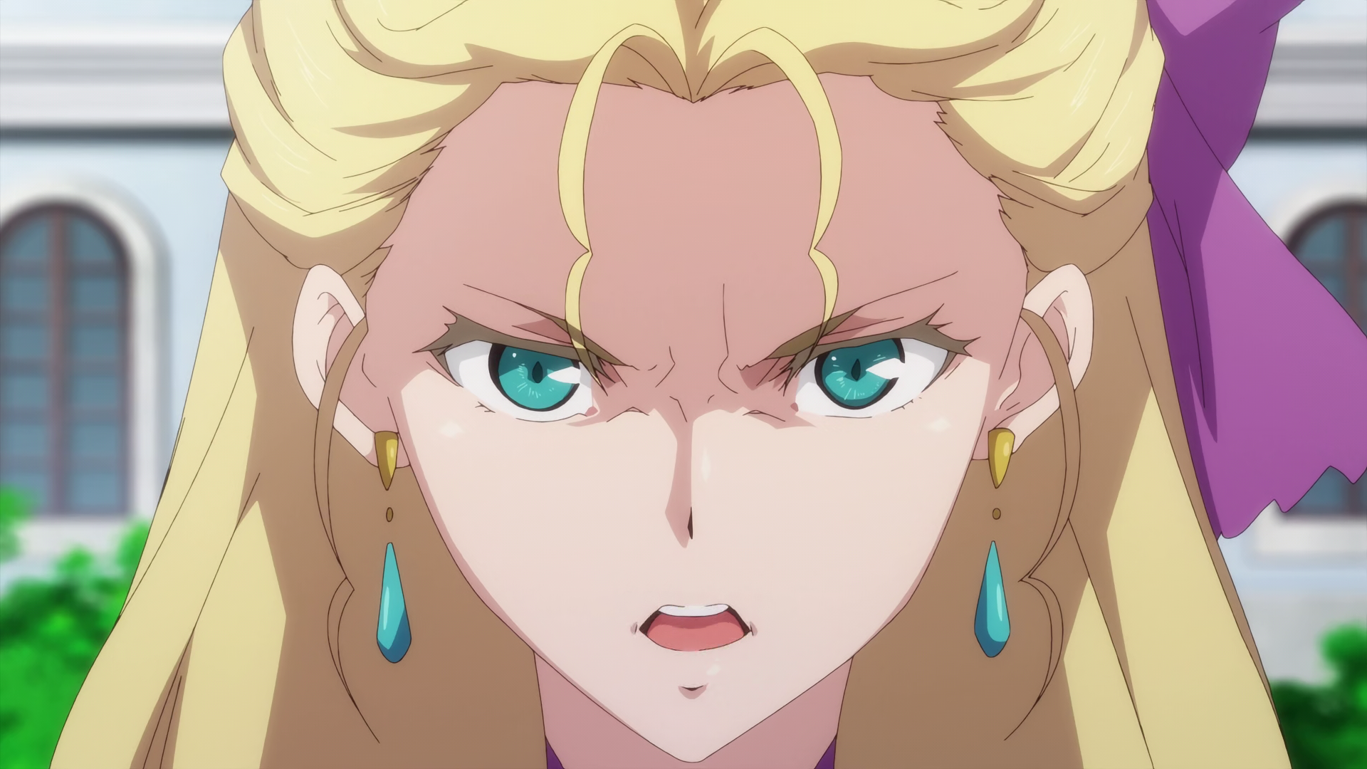 Anime 1920x1080 Anime screenshot blue eyes The Saint's Magic Power Is Omnipotent open mouth violet ribbon blonde Elizabeth Ashley anime girls anime face angry earring