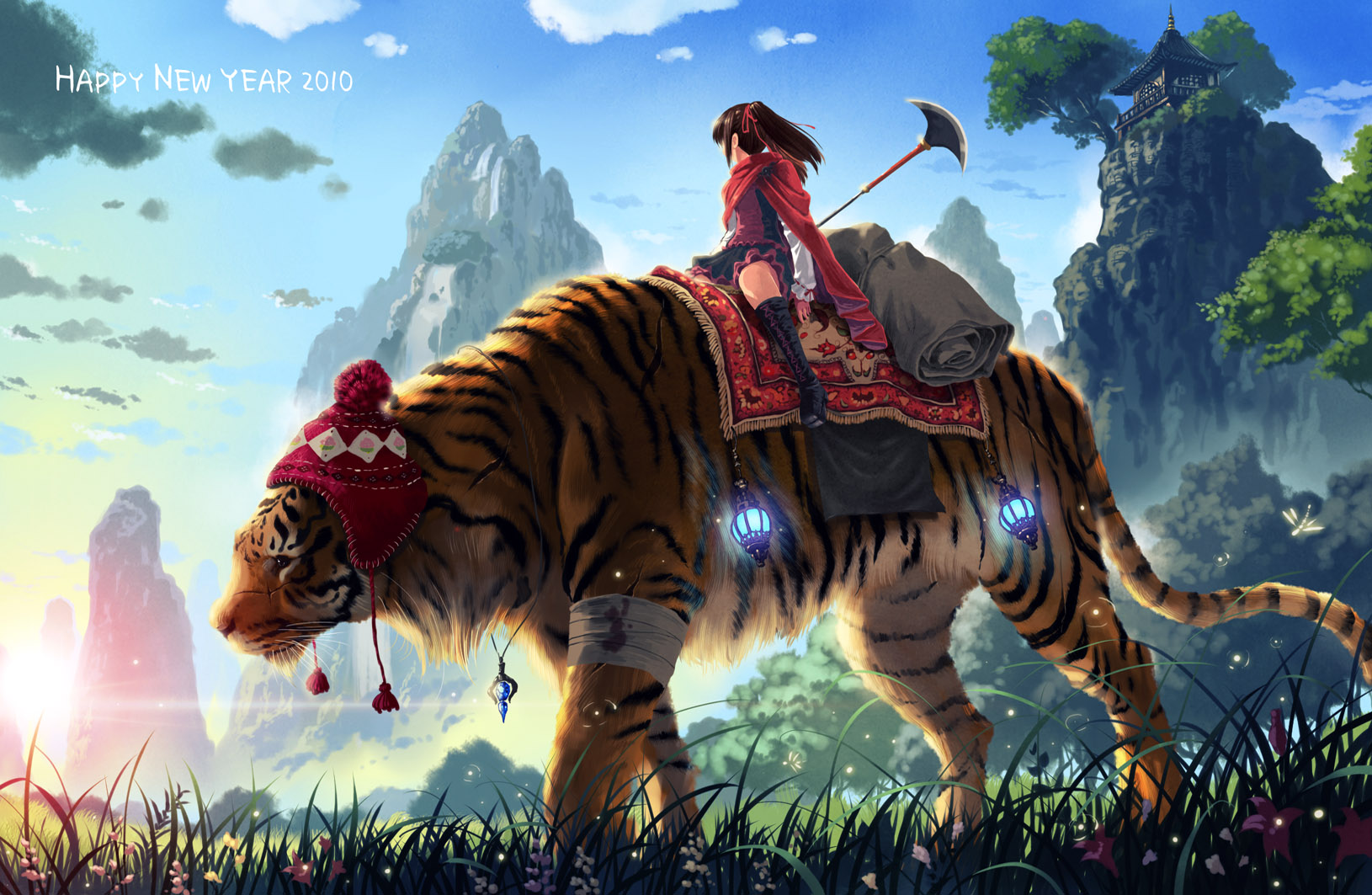Anime 1630x1063 tiger anime girls nature mountains weapon fireflies sunset sunset glow Sunset Shimmer clouds grass winter clothing New Year wounds injured bandages flowers night lanterns trees field Sun fantasy art big cats animals creature Sunset Skyline