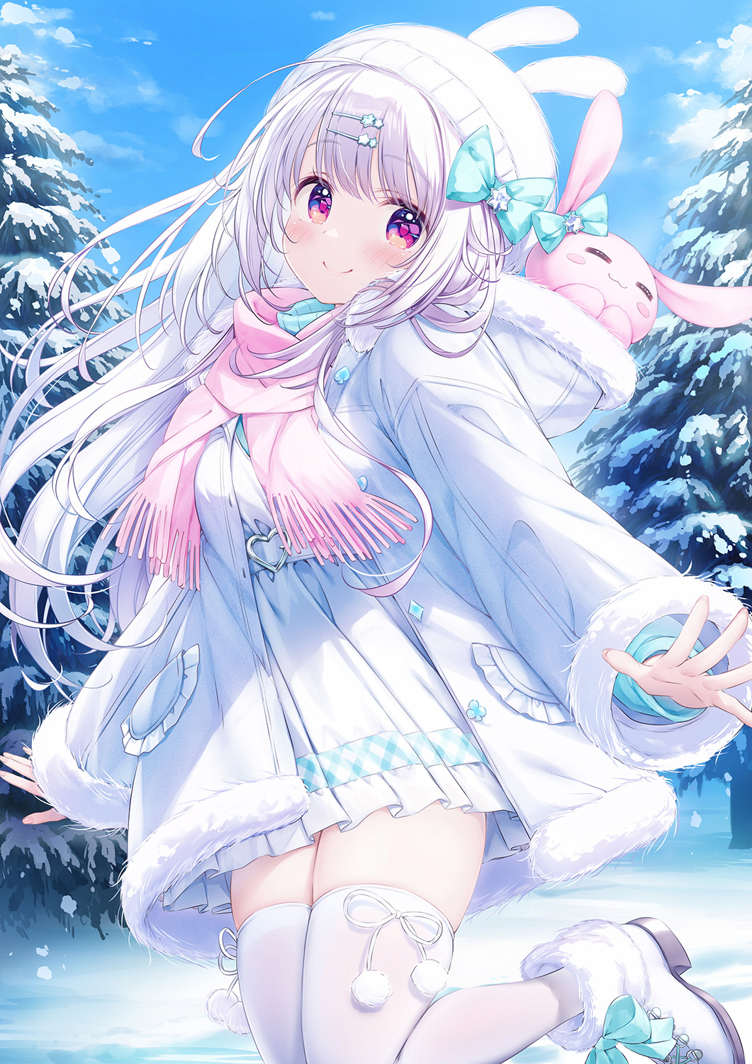 Anime 1061x1500 anime anime girls Kimishima Ao long hair smiling closed mouth outdoors women outdoors winter trees snow coats scarf thighs thigh-highs stockings boots skirt sky clouds blunt bangs bangs looking at viewer portrait display frills hair bows hair ornament snow covered hairpins hat blushing hoods rabbits animals open coat nature long sleeves skindentation purple eyes white hair pink scarf American shot