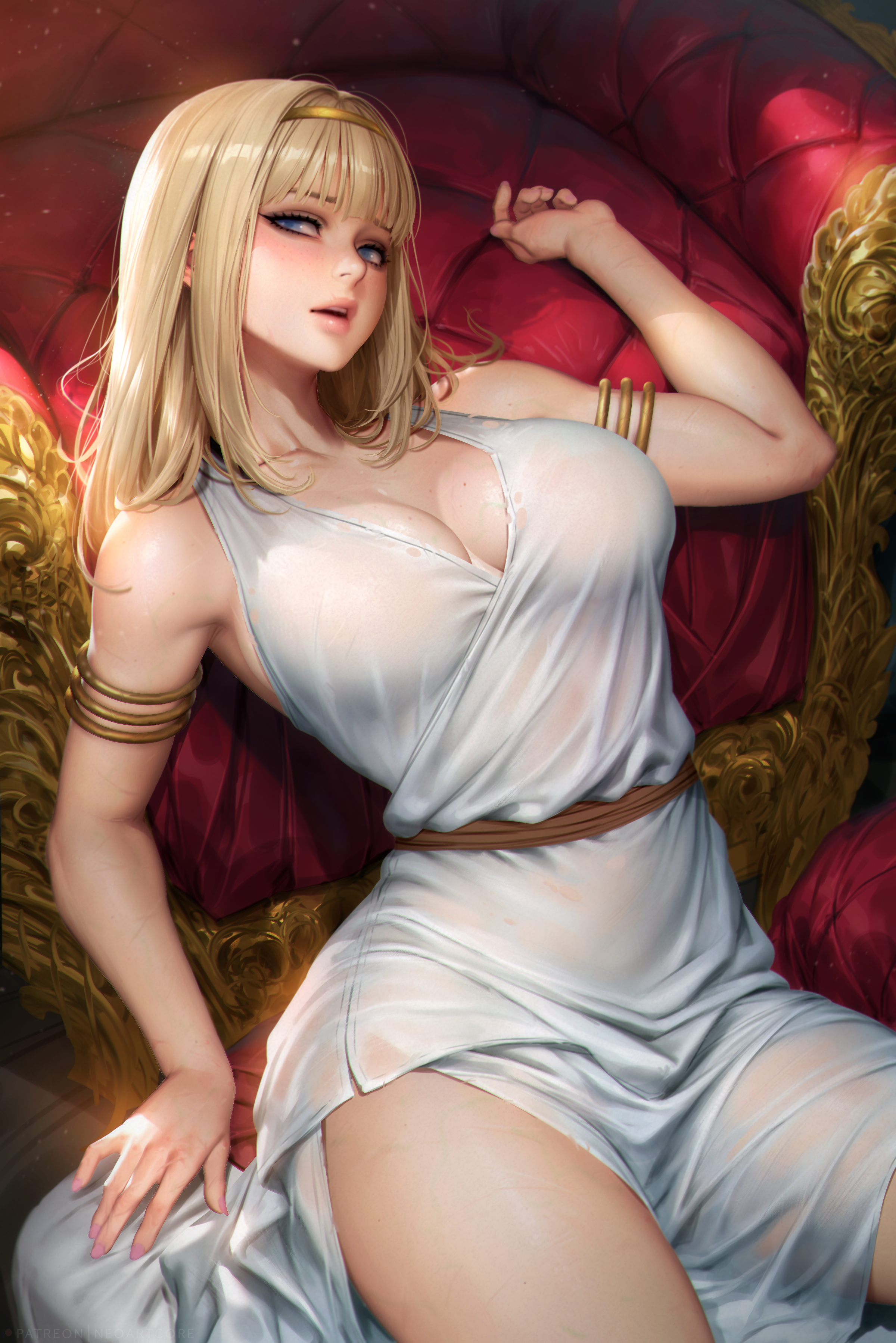 Anime 2400x3597 Shingeki no Kyojin anime anime girls artwork drawing fan art NeoArtCorE (artist) blonde Ymir Fritz looking at viewer portrait display parted lips dress shackles blunt bangs blue eyes watermarked bangs big boobs armchair arched back slim body belly belly button sunlight freckles long hair