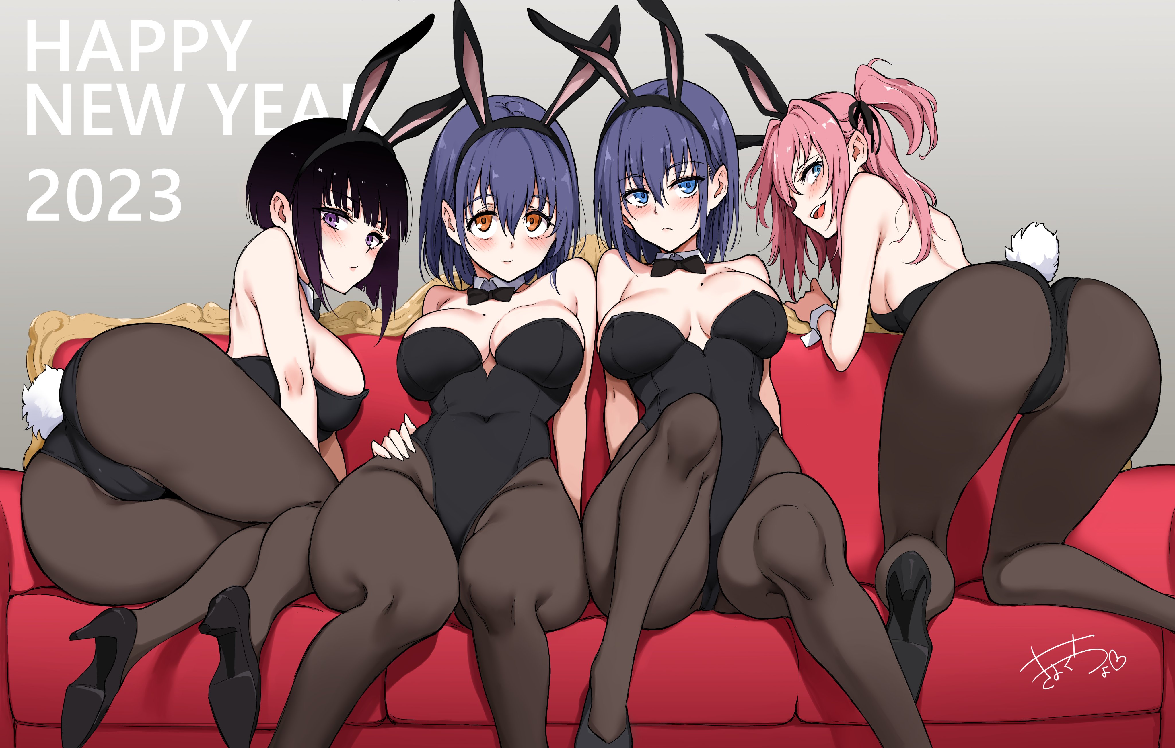 Anime 4096x2610 bunny suit bunny ears anime girls line-up mole on breast bent over ass bunny tail blushing big boobs bareback New Year Lovely (Hentai) Kaede to Suzu artwork Kyokucho miyabi-senpai