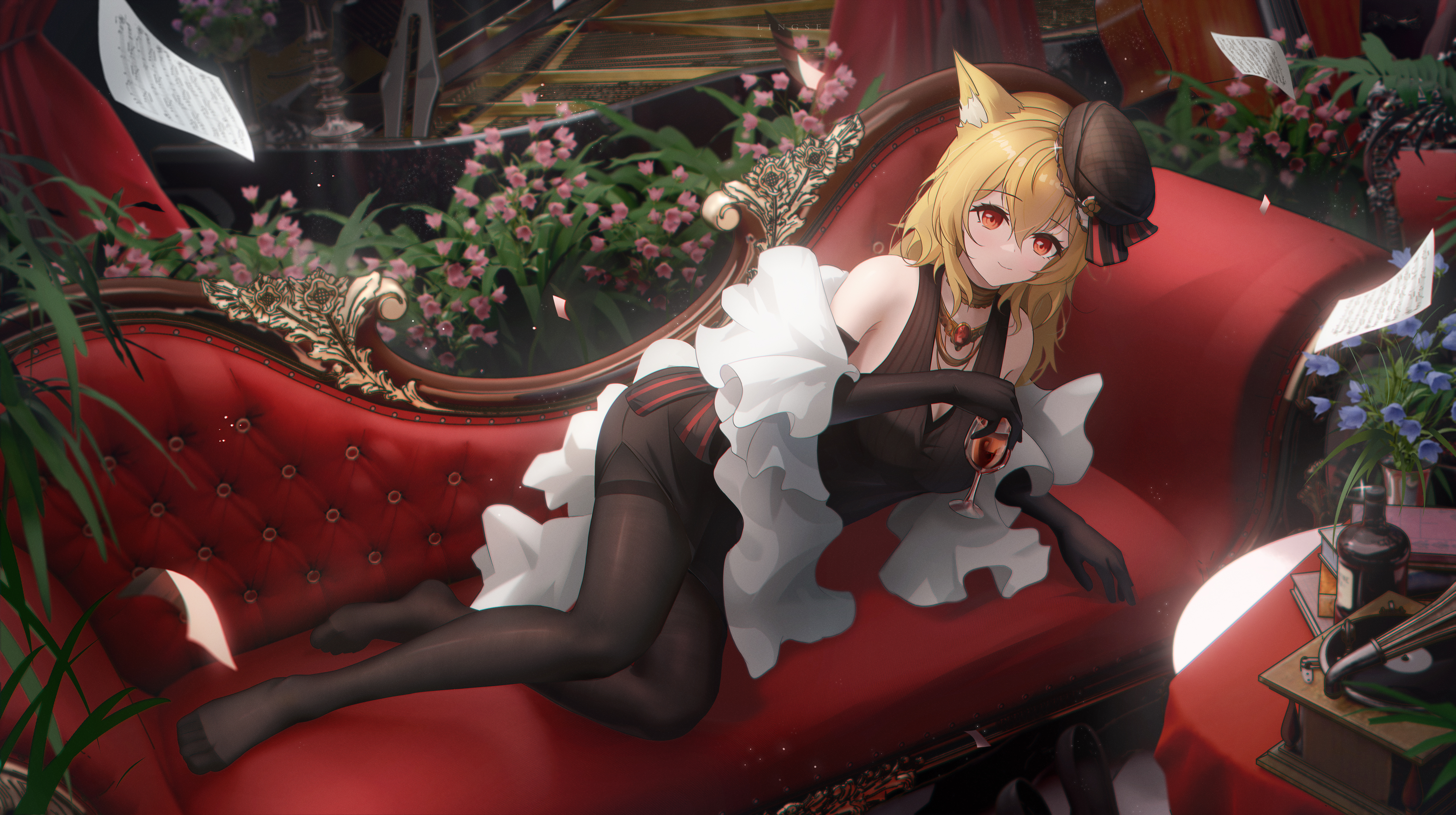 Anime 5000x2800 anime anime girls black pantyhose pantyhose on sofa Arknights Sora (Arknights) fox girl fox ears elbow gloves wine wine glass hat paper flowers red eyes blonde couch high angle