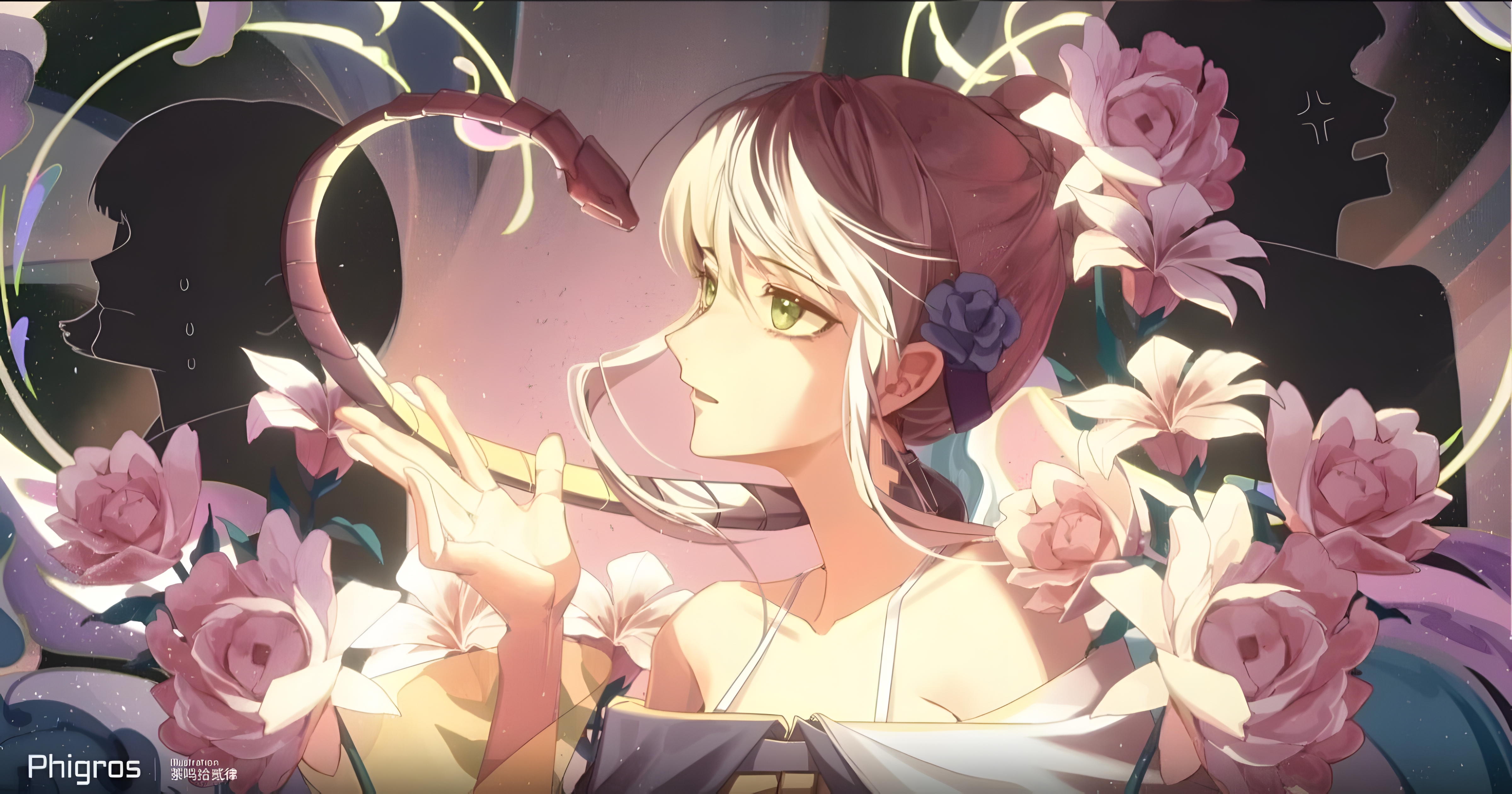 Anime 4800x2520 2D illustration anime girls flowers snake silhouette flower in hair