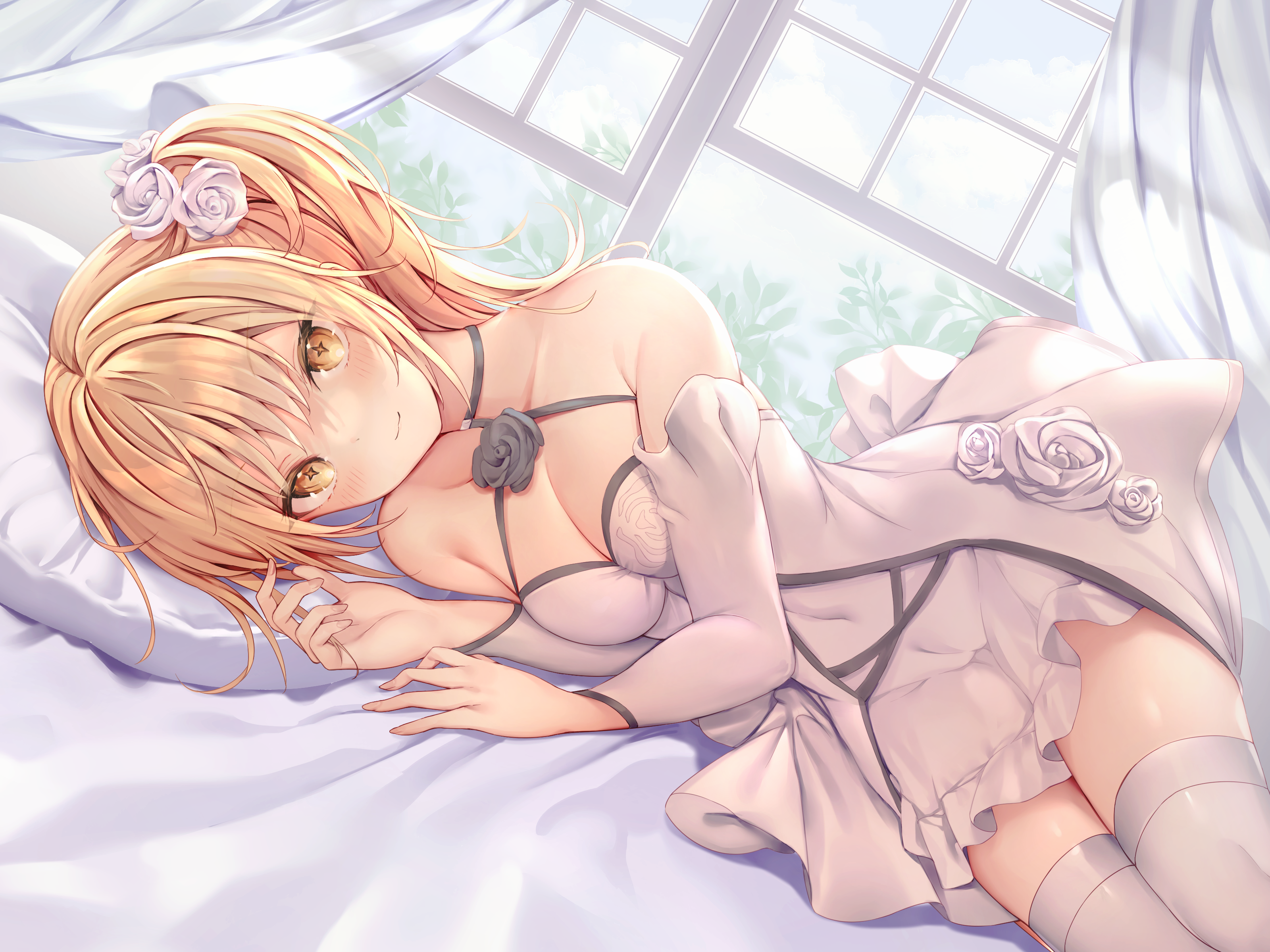 Anime 3200x2400 bed blonde long hair thigh-highs blushing cleavage flower in hair anime girls yellow eyes stockings lying on side flowers