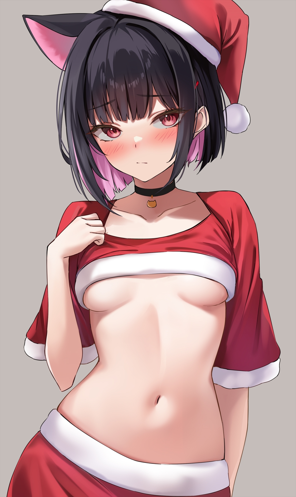 Anime 949x1593 red eyes black hair cat ears Christmas clothes choker belly belly button looking at viewer undressing underboob blushing Santa hats two tone hair portrait display anime girls cat girl
