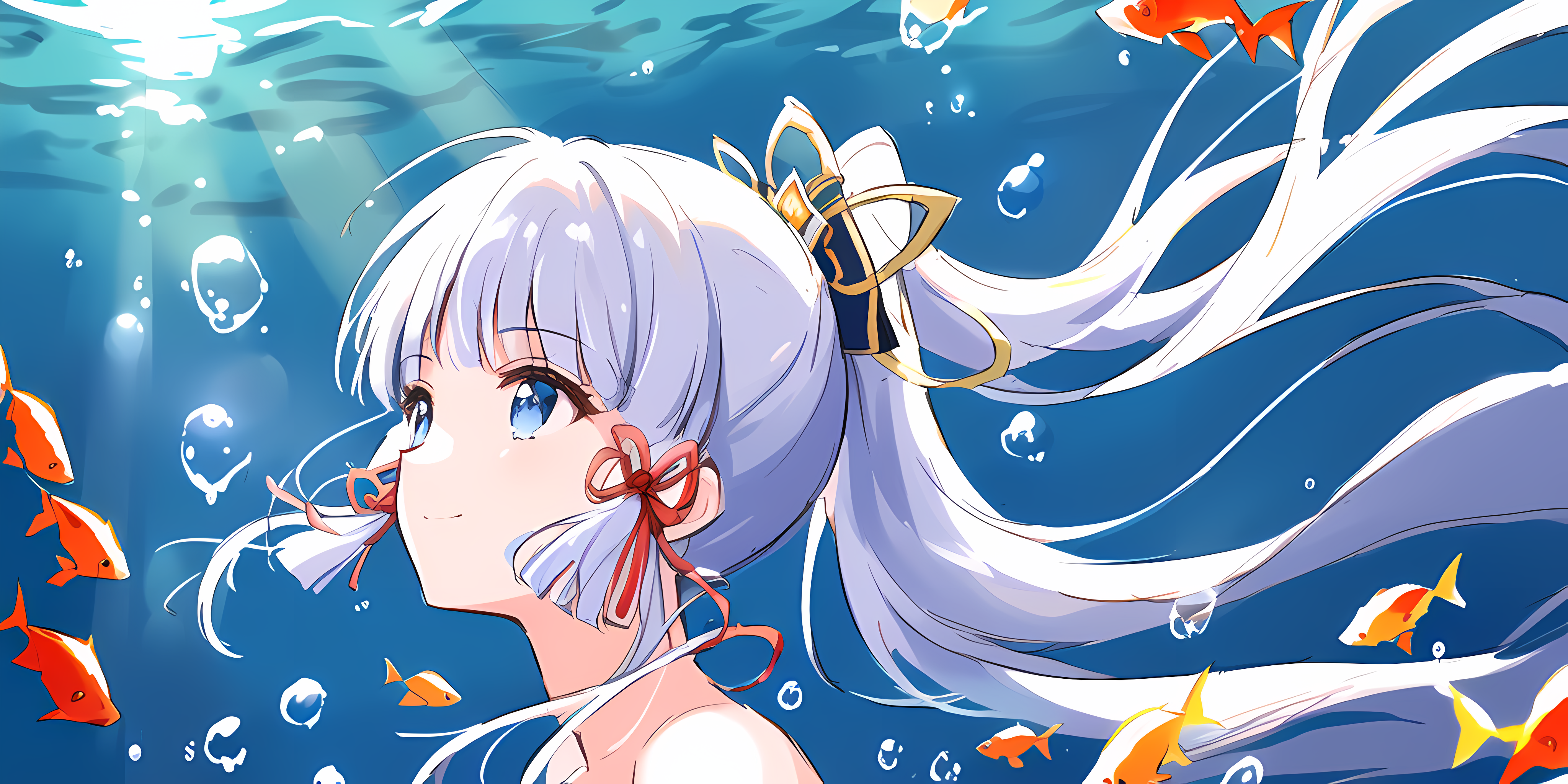 Anime 4096x2048 anime girls Genshin Impact Kamisato Ayaka (Genshin Impact) underwater bubbles fish in water water blue hair blue eyes animals ponytail