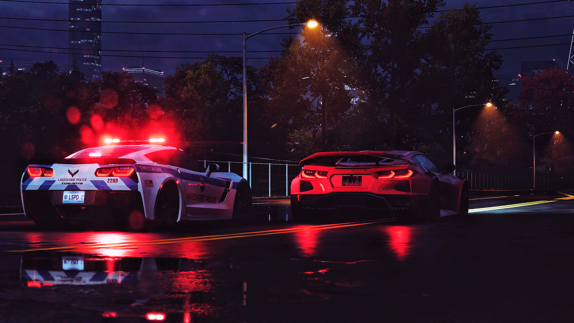 General 1920x1080 Need for speed Unbound Need for Speed edit race cars car park car 4K gaming video games drift EA Games Criterion Games night taillights street light police cars reflection licence plates