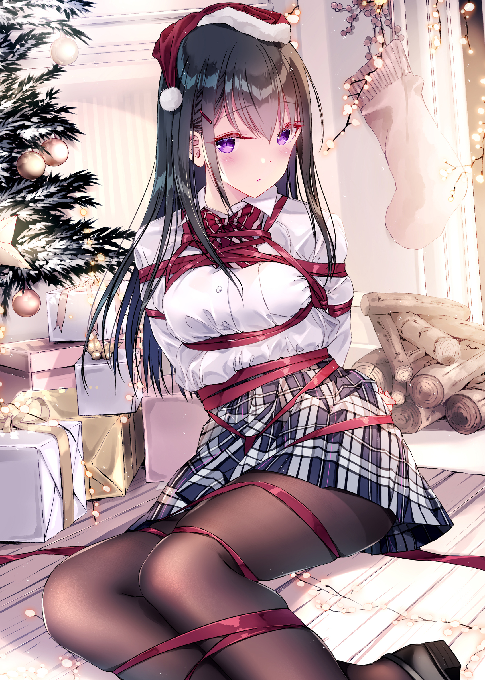 Anime 1701x2386 anime anime girls portrait display ribbon Christmas tree Christmas presents Christmas pantyhose BDSM shibari