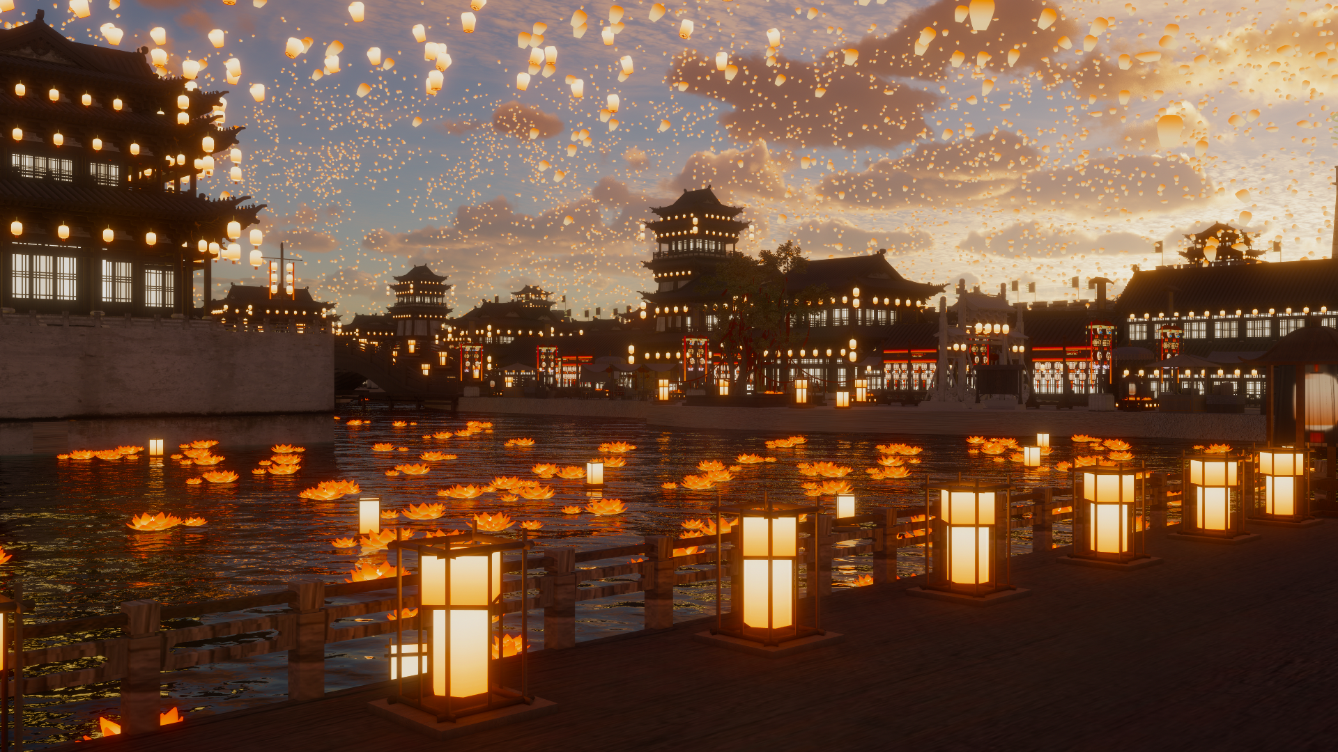 General 1920x1080 anime scenery flowers lantern Lantern Festival city lights clouds