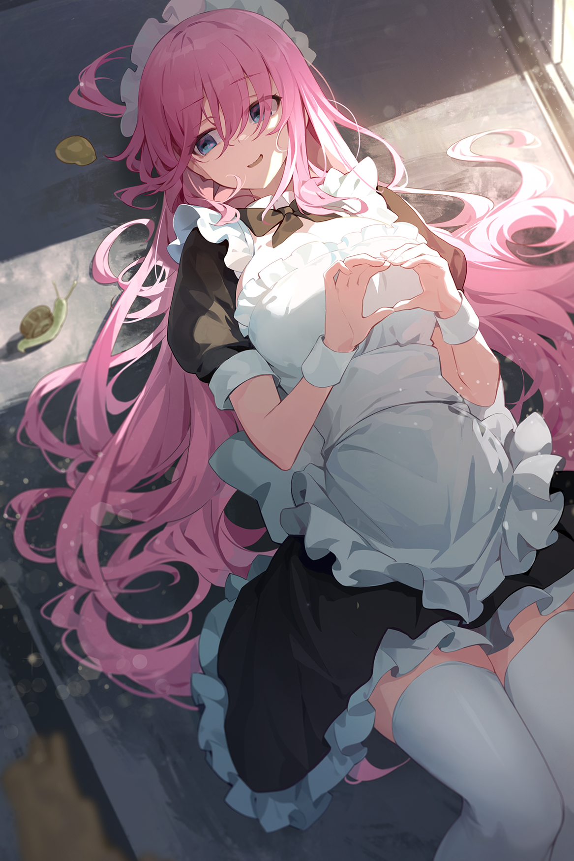 Anime 1167x1750 anime anime girls vertical stockings maid maid outfit heart hands pink hair blue eyes high angle BOCCHI THE ROCK! Gotou Hitori Goomrrat