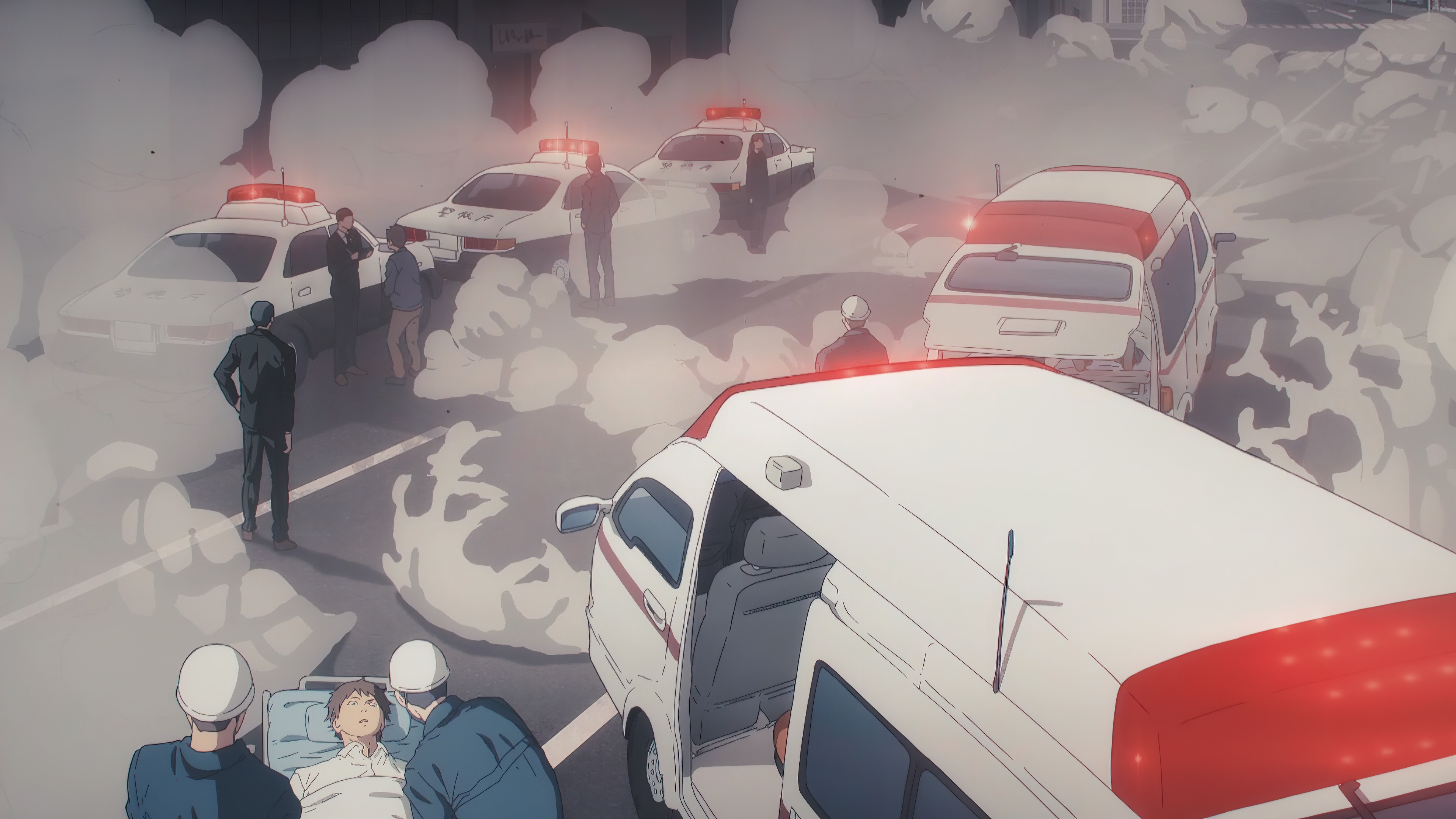 Anime 3840x2160 Chainsaw Man anime 4K Anime screenshot anime boys police cars ambulances smoke