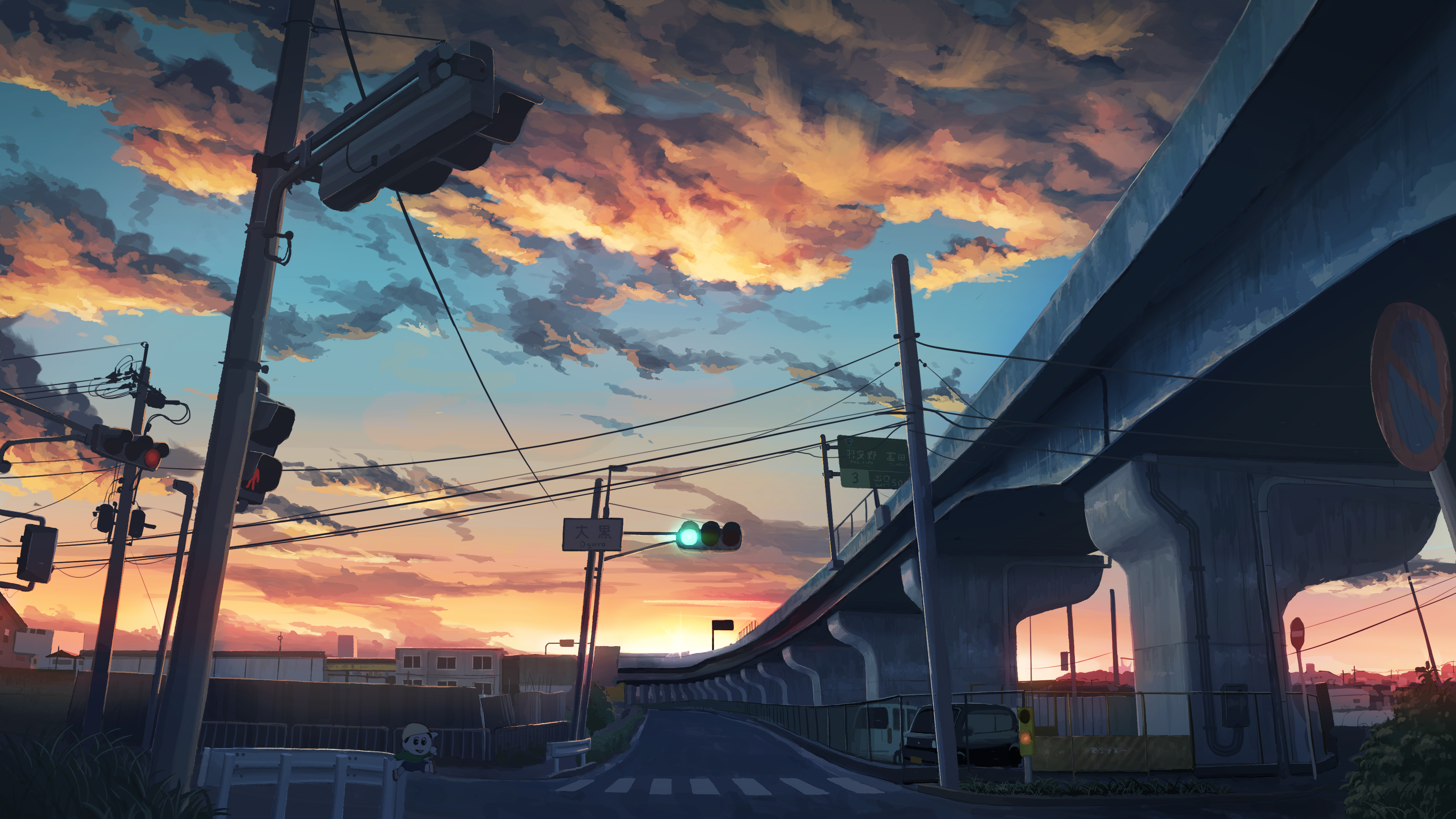 Anime 3840x2160 anime Calais (France) clouds sunset glow street traffic lights