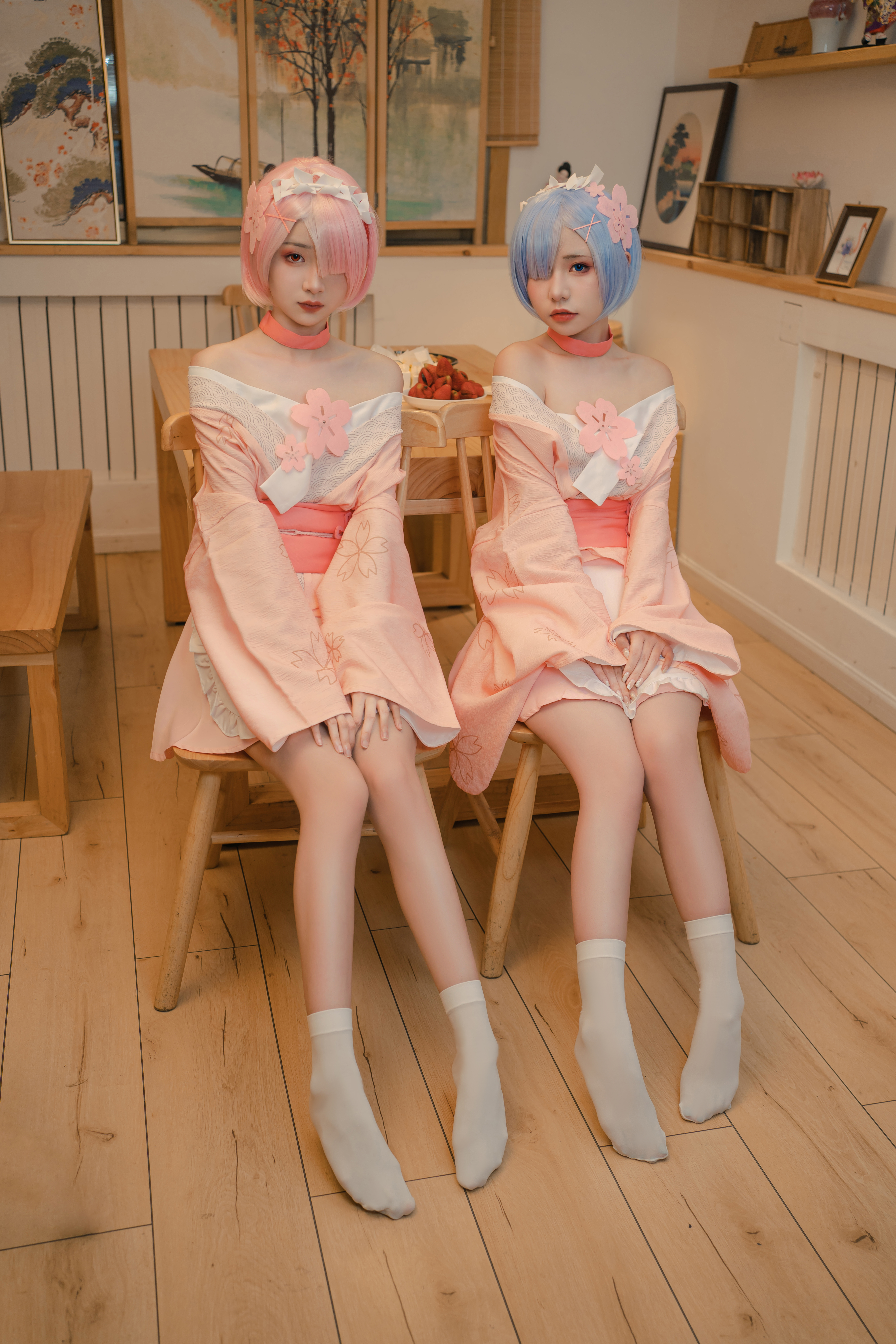 People 4000x6000 two women pink hair blue hair anime girls Rem (Re:Zero) Ram (Re: Zero) Re:Zero Kara Hajimeru Isekai Seikatsu Neko Koyoshi asian cosplayer short hair kimono Asian women cosplay