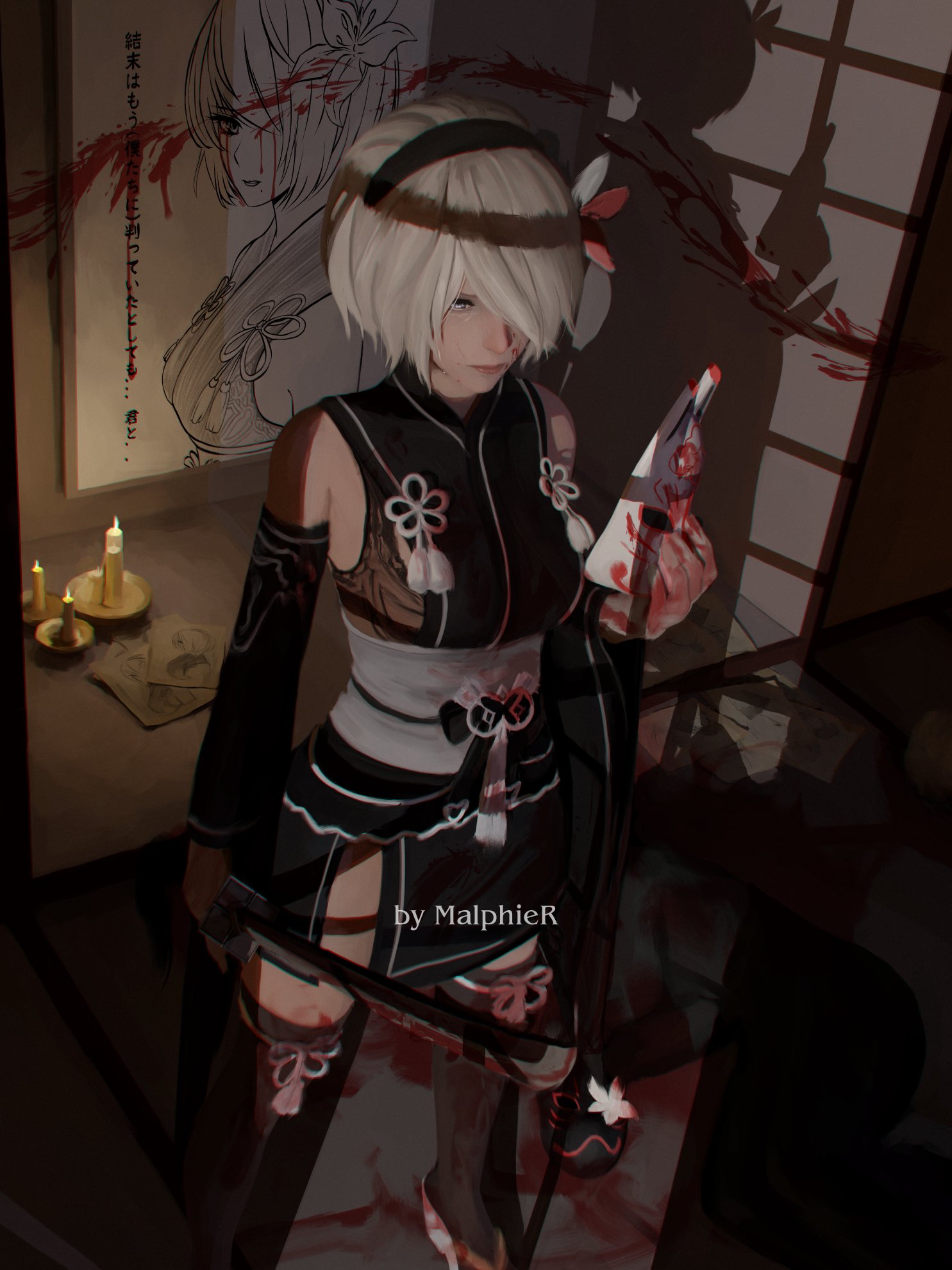 General 1485x1980 Caucasian white hair short hair blue eyes 2B (Nier: Automata) Nier: Automata artwork Realism video games video game characters Platinum games Malphier Square Enix standing video game girls weapon sword women with swords bare shoulders candles fire hair over one eye fox mask Japanese clothes sash tassels blood shadow detached sleeves black thigh highs skinny thigh-highs
