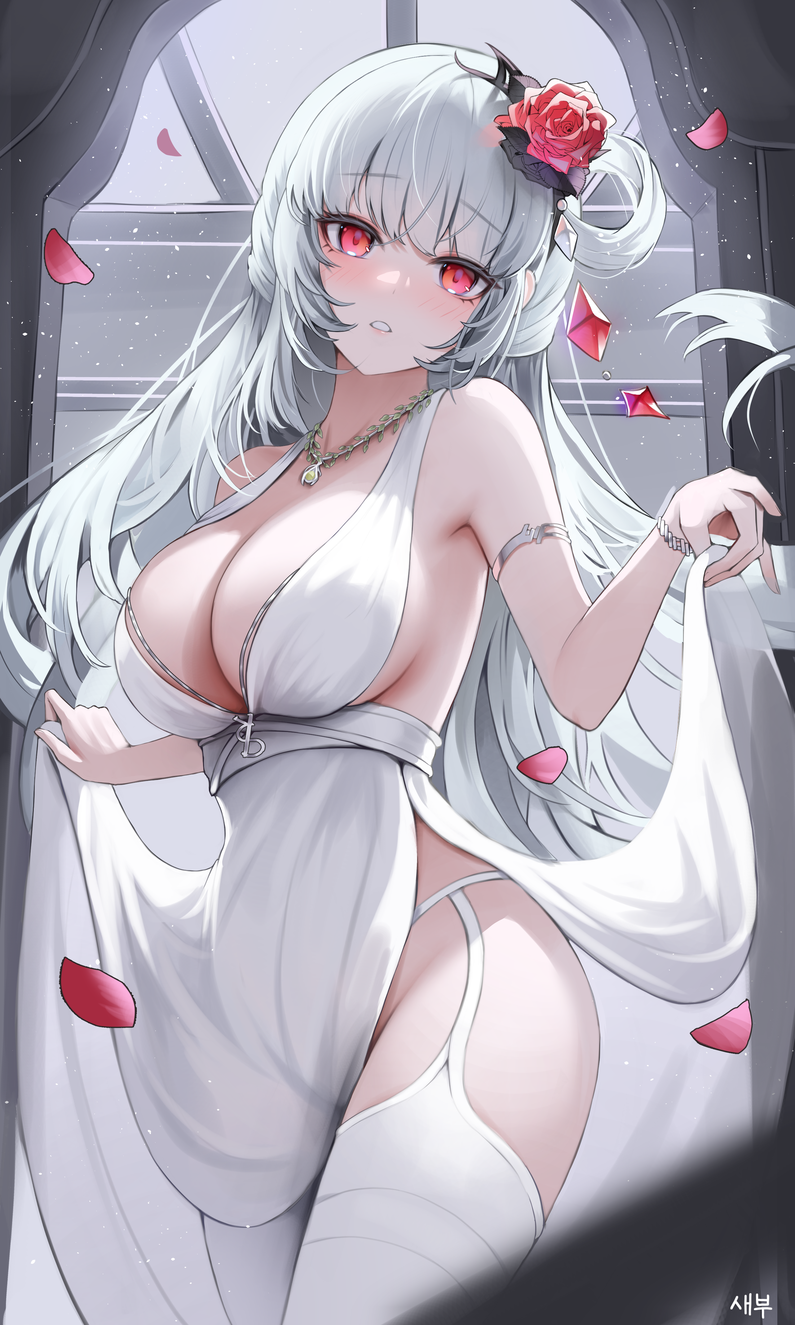Anime 2565x4276 portrait display long hair head tilt looking at viewer red eyes lifting clothes white dress parted lips garter straps garter belt big boobs bare shoulders stockings white stockings sleeveless lifting dress Erbium hair ornament red petals white hair flower in hair petals cocktail dress jewelry white panties underwear white underwear panties no bra thighs dress