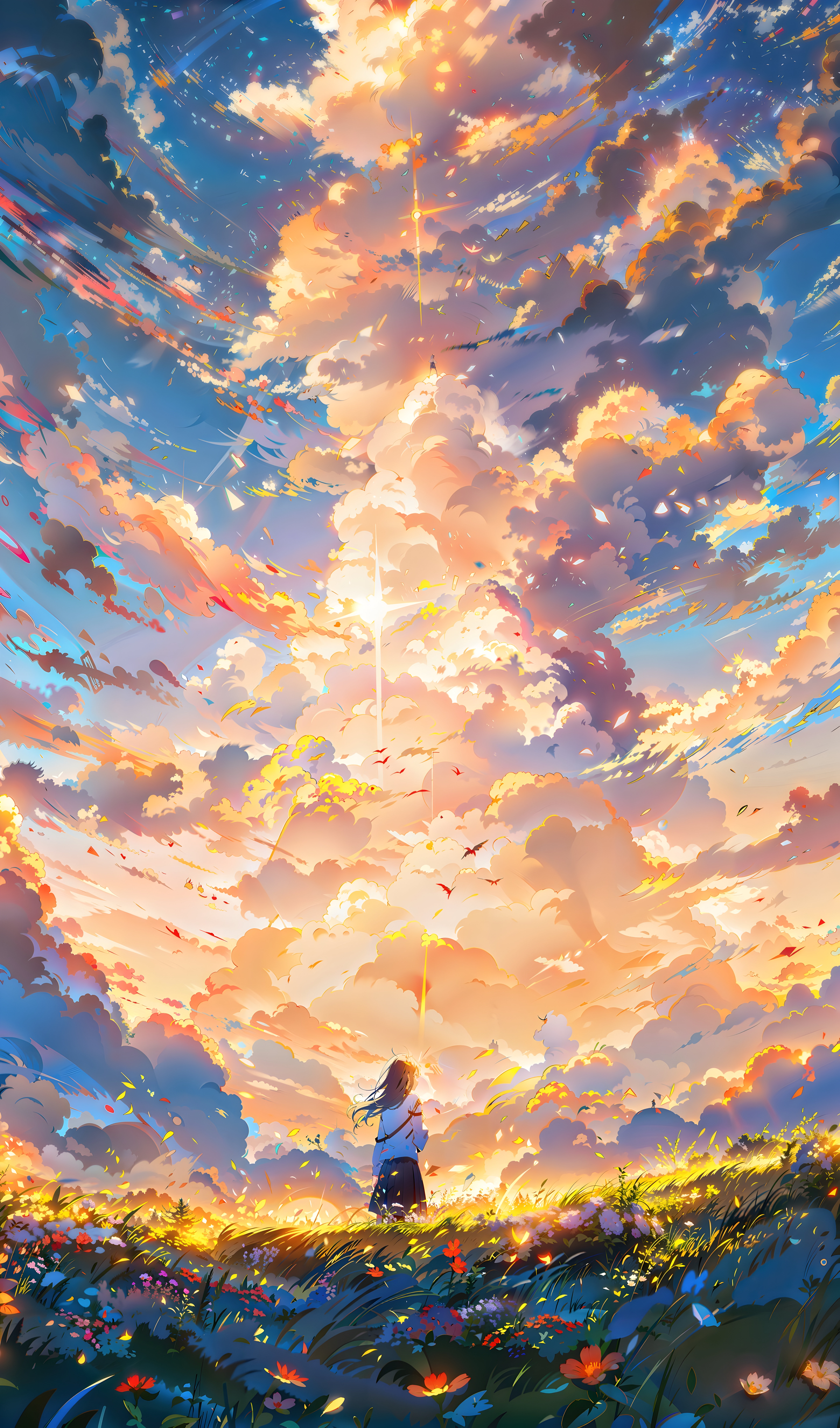 Anime 5760x9788 digital art Where is the sun? colorful outdoors clouds dusk fantasy girl AI art