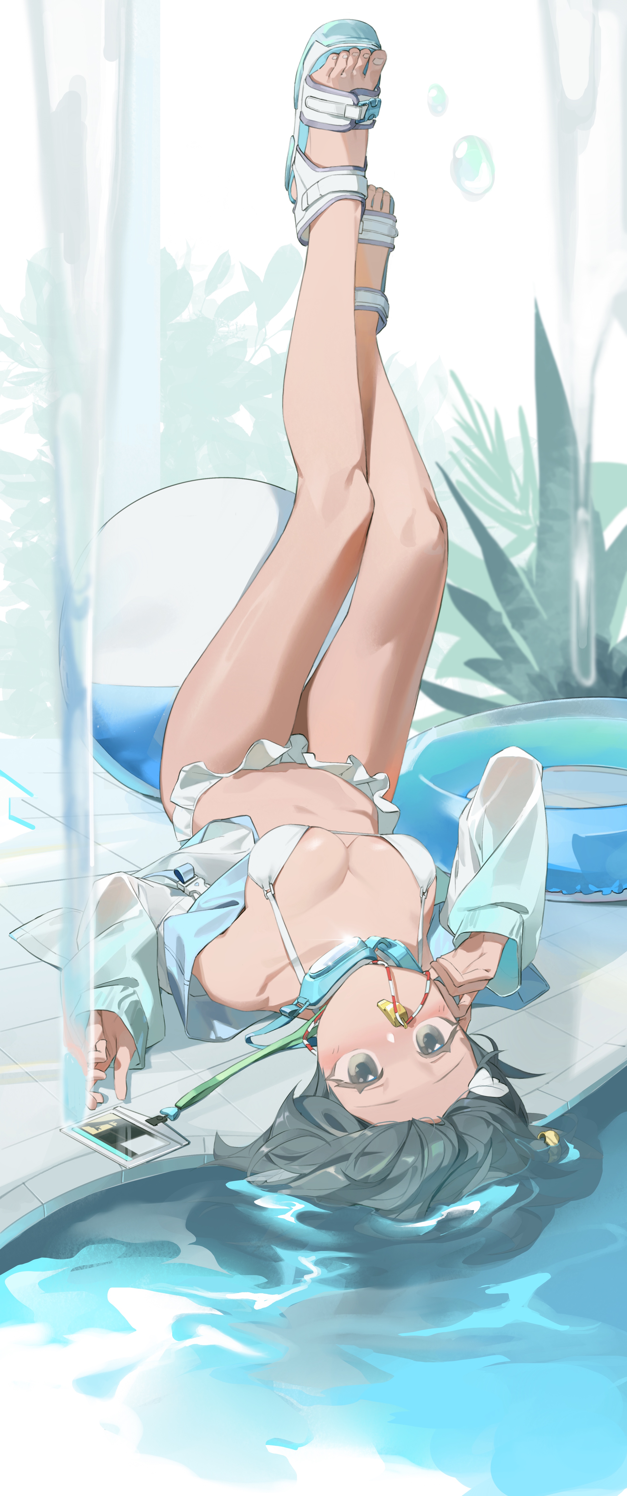 Anime 2632x6278 Arknights upside down portrait display bikini white bikini legs up La Pluma(Arknights) water looking at viewer floater beach ball gray eyes blurry background legs open clothes open jacket boobs white sandals lying down lying on back swimming pool long hair white swimsuit swimwear ID card frills whistle