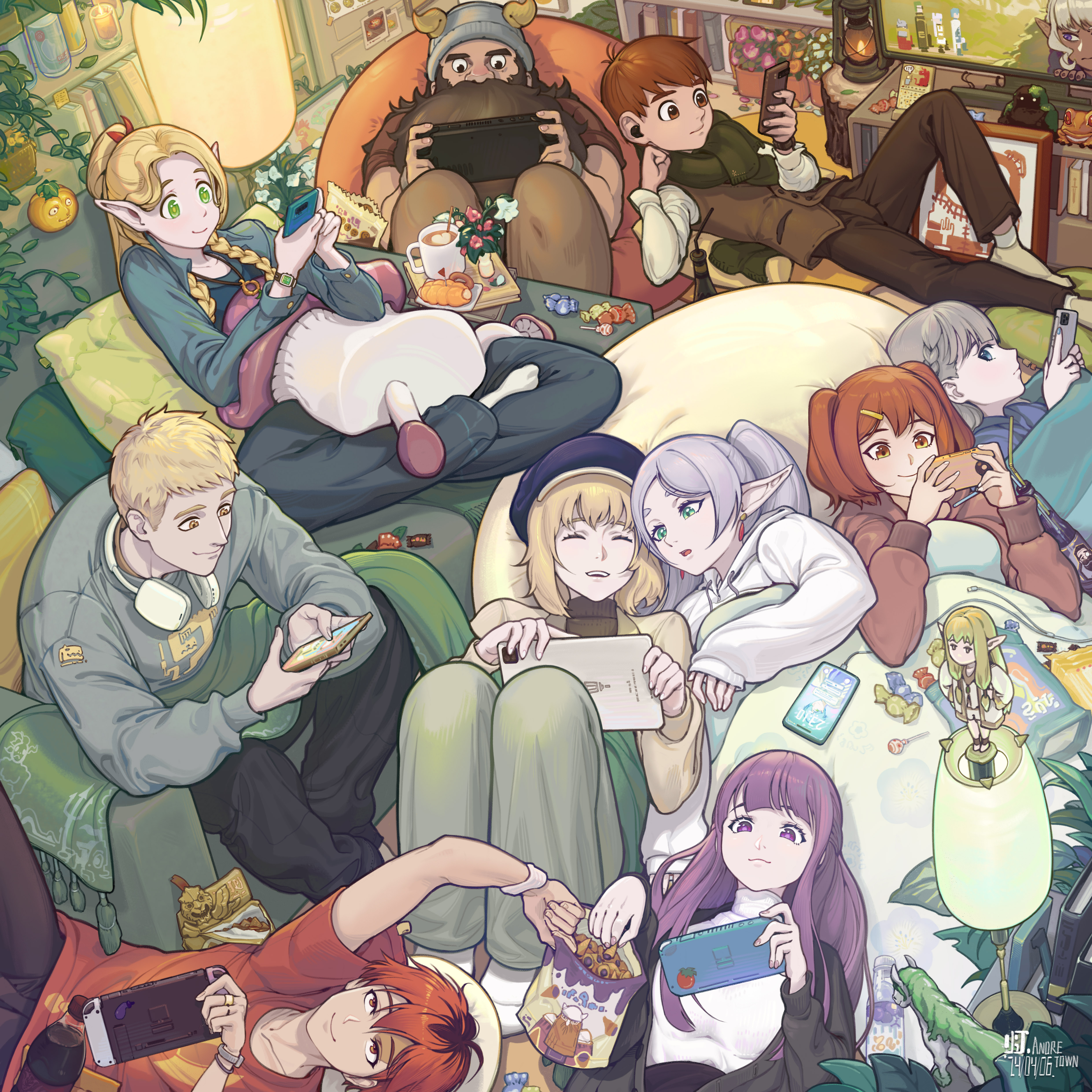 Anime 4961x4961 Sousou No Frieren Frieren Delicious in Dungeon can Fern (Sousou No Frieren) Stark (Sousou no Frieren) crossover Marcille Donato Chilchuck Tims lying down Senshi (Delicious in Dungeon) Thistle (Delicious in Dungeon) Kanne (Sousou no Frieren) Lawine (Sousou no Frieren) Laios Thorden candy group of women sitting Walking Mushroom food Sissel (Delicious in Dungeon) Serie (Sousou no Frieren) anime girls anime boys lying on back Nintendo DS indoors smartphone Andretown headphones looking at smartphone plants drink elves