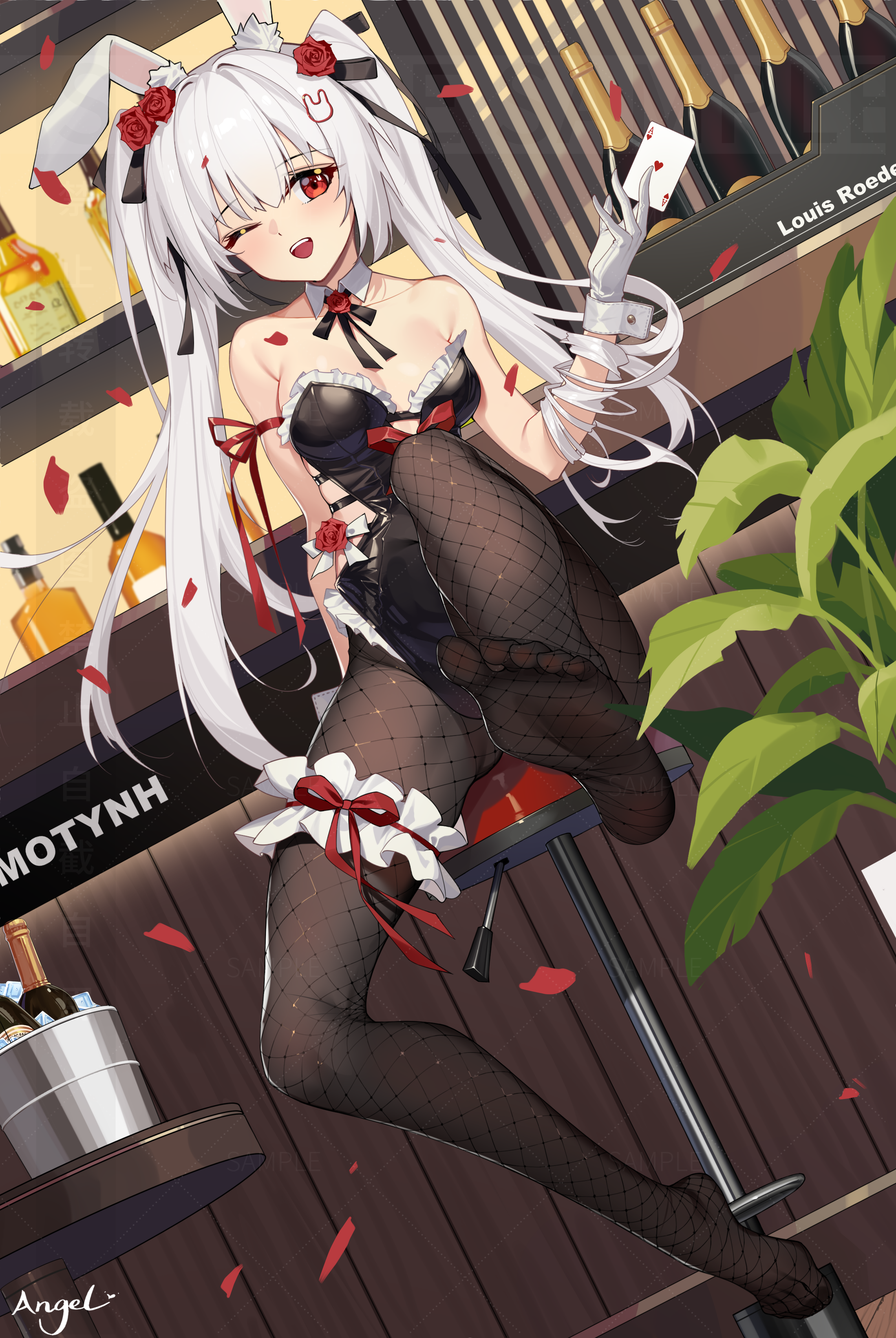 Anime 2198x3281 Pixiv anime girls bunny suit white hair bunny ears fishnet LC Angel portrait display leaves one eye closed hair between eyes sitting leotard black leotard white gloves pantyhose fishnet pantyhose twintails looking at viewer petals signature foot sole hair ribbon flower in hair open mouth cards alcohol ice cubes glass bottle leg garter bent legs collarbone hair ornament red eyes