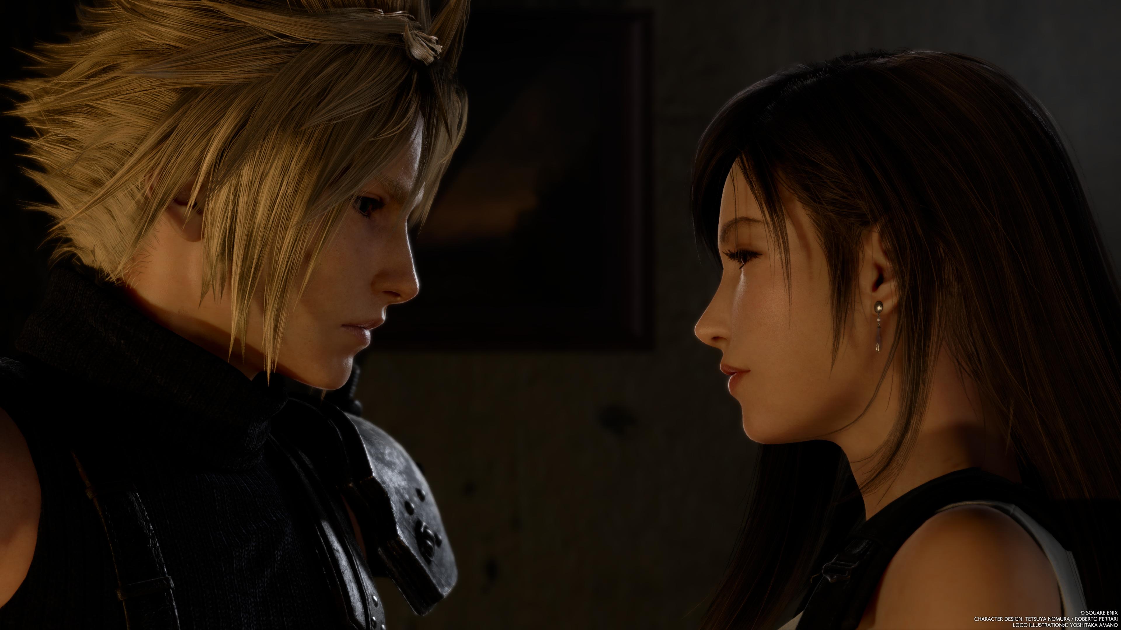 General 3840x2160 Final Fantasy VII: Rebirth Cloud Strife Tifa Lockhart Final Fantasy Square Enix video game characters CGI video game boys blonde video game girls dark hair video game art screen shot video games watermarked closed mouth earring face to face long hair
