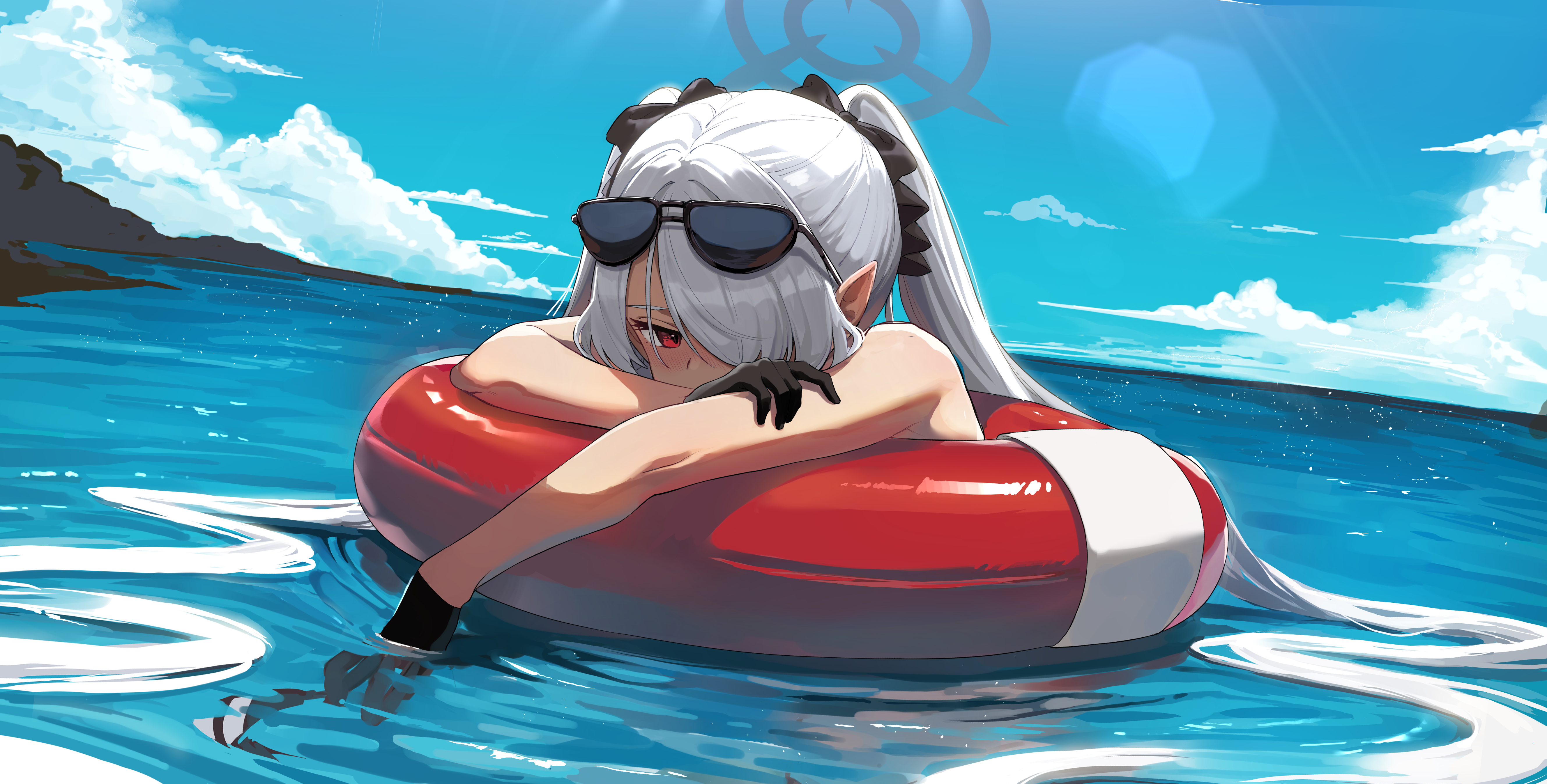 Anime 5313x2694 anime girls white hair floater hair over one eye red eyes sunglasses looking at viewer sea water black gloves Blue Archive Shiromi Iori Bada clouds sky pointy ears long hair gloves women with shades women outdoors in water swimming