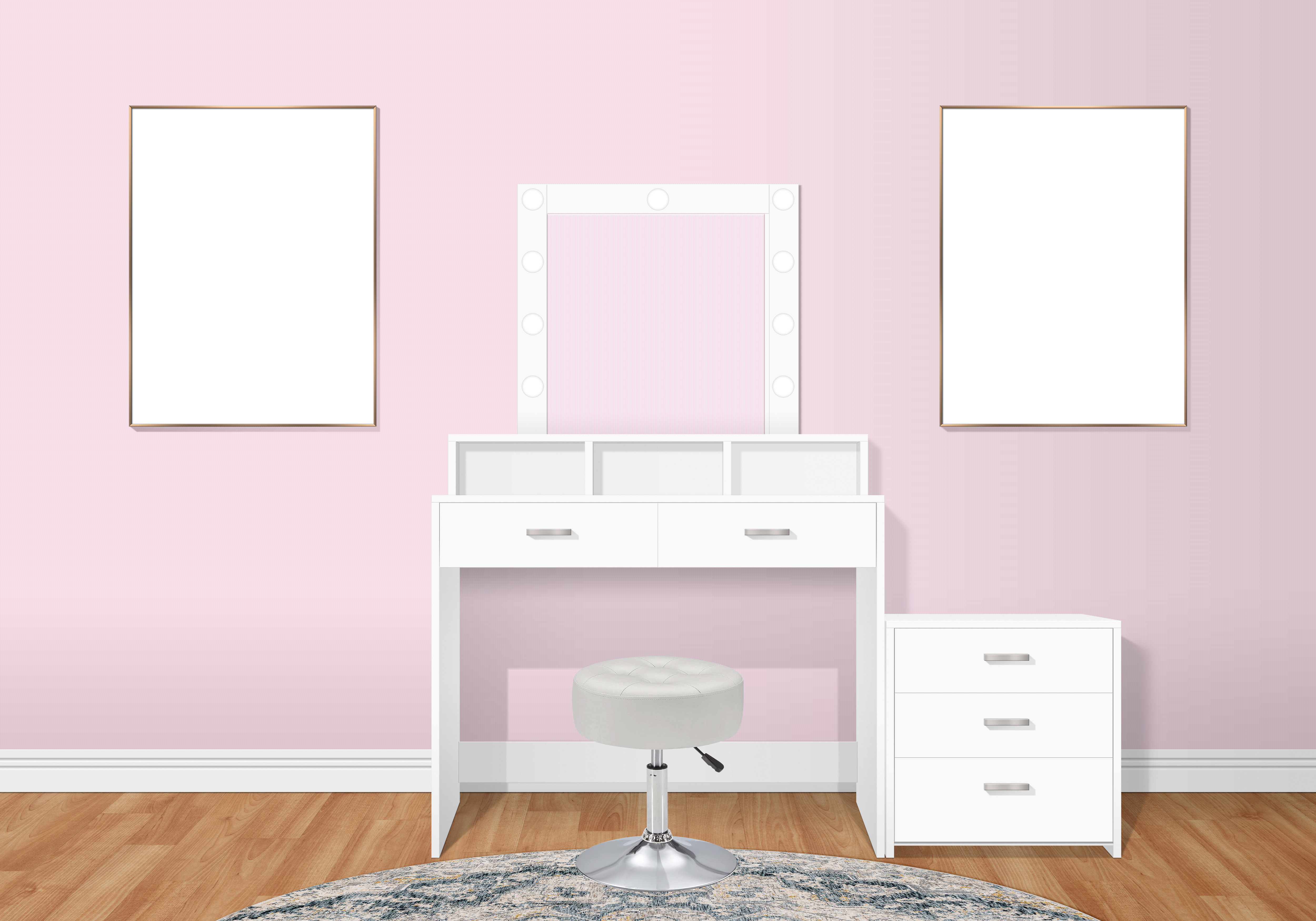 General 5000x3500 vanity table picture frames interior interior design wooden floor pink wall stools pink wall