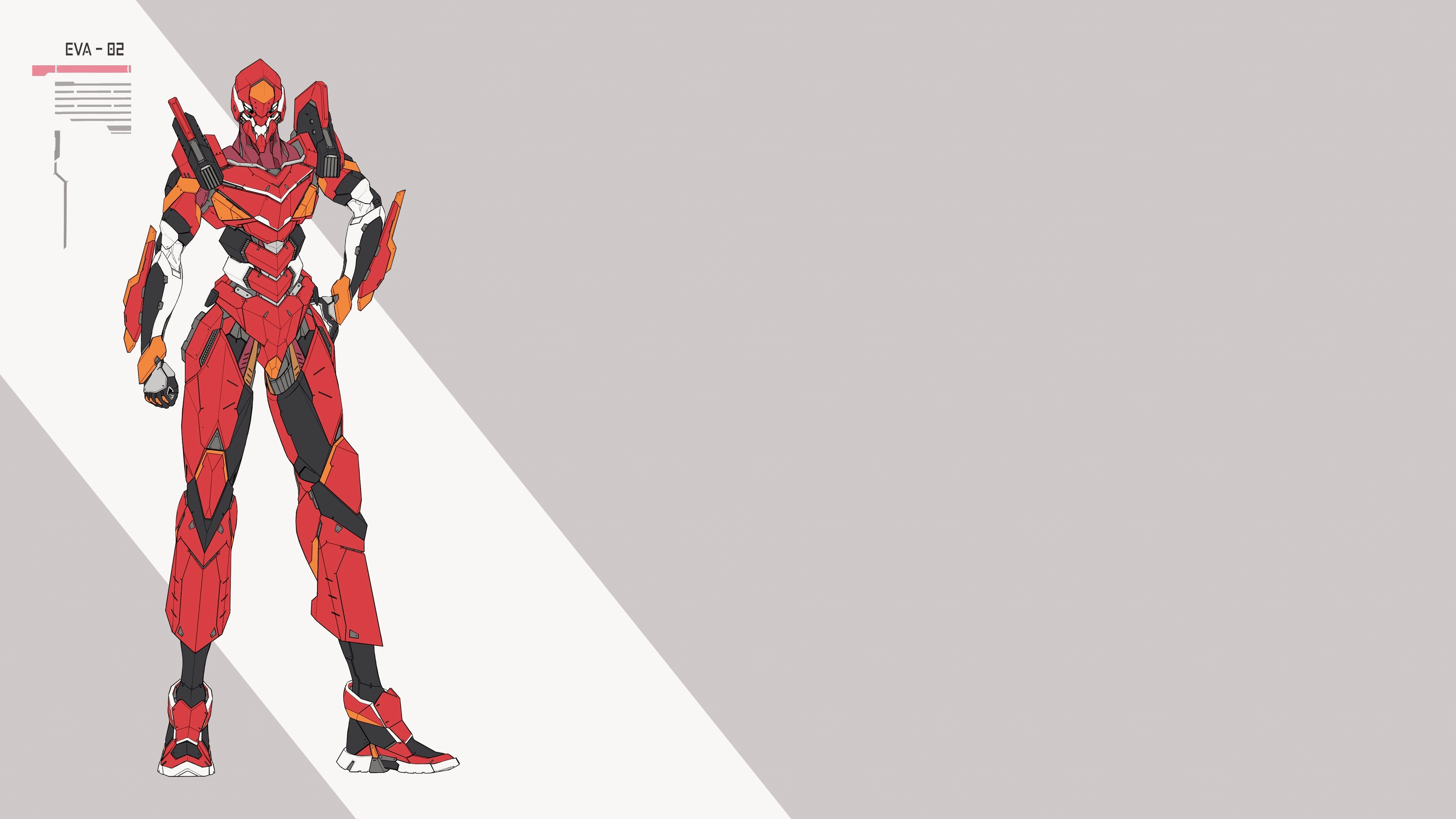 Anime 3840x2160 Neon Genesis Evangelion fan art EVA Unit 02 mechs robot hands on hips simple background anime text redesigned gray background armor