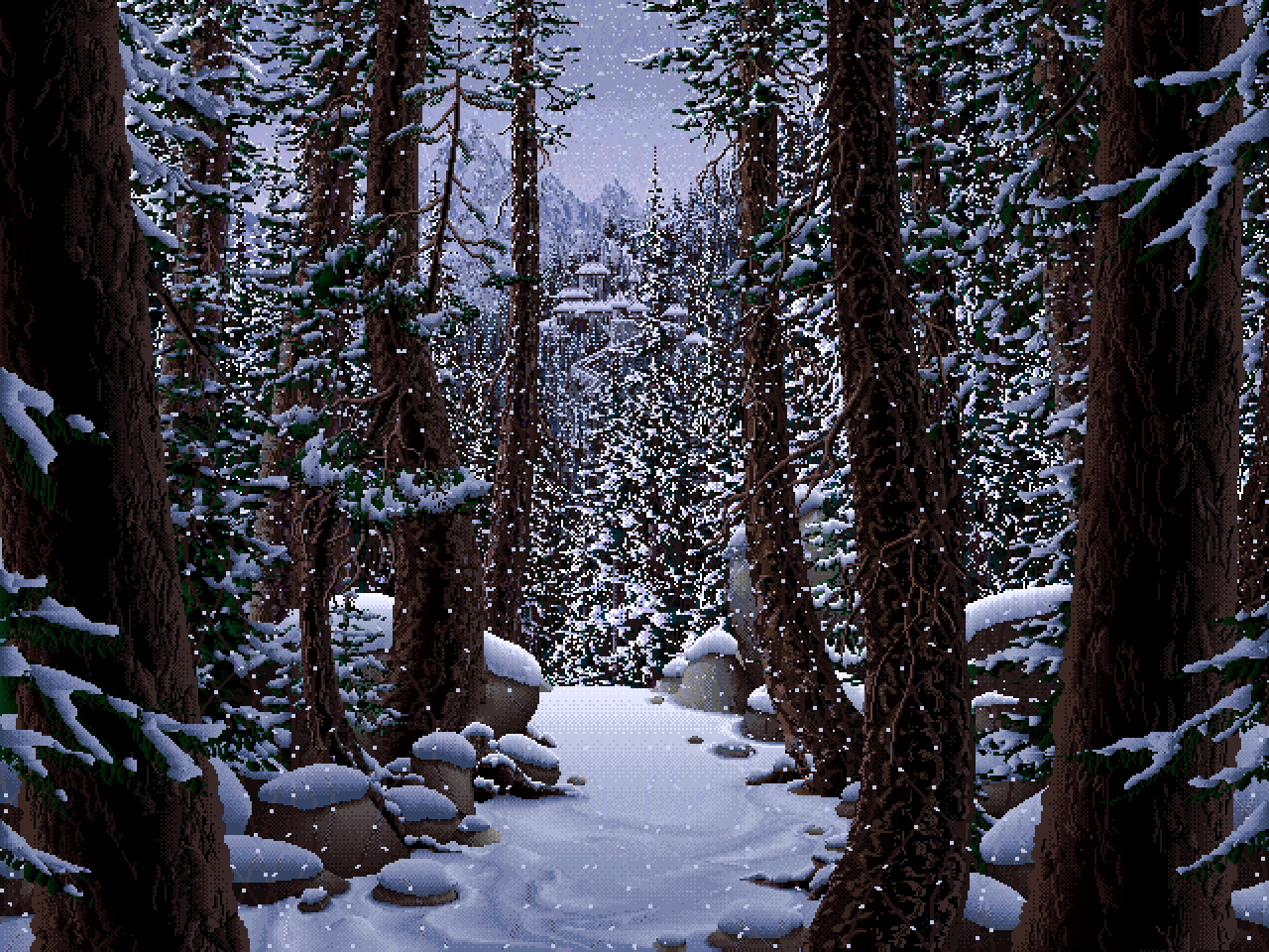 General 1280x960 pixel art nature trees forest snow Mark Ferrari digital art
