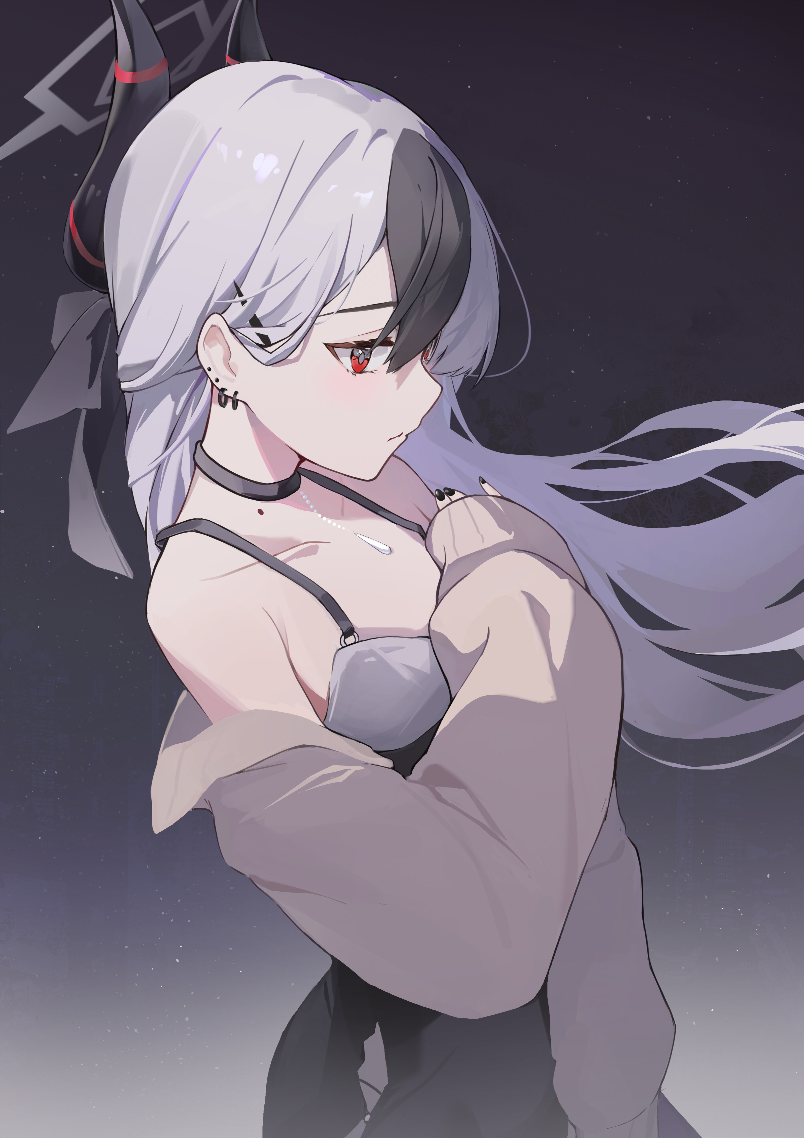 Anime 2819x3987 Blue Archive anime Onikata Kayoko(Blue Archive) portrait display long hair simple background horns hair between eyes standing collarbone ear piercing black nails painted nails off shoulder moles bare shoulders jacket two tone hair earring red eyes looking away anime girls choker