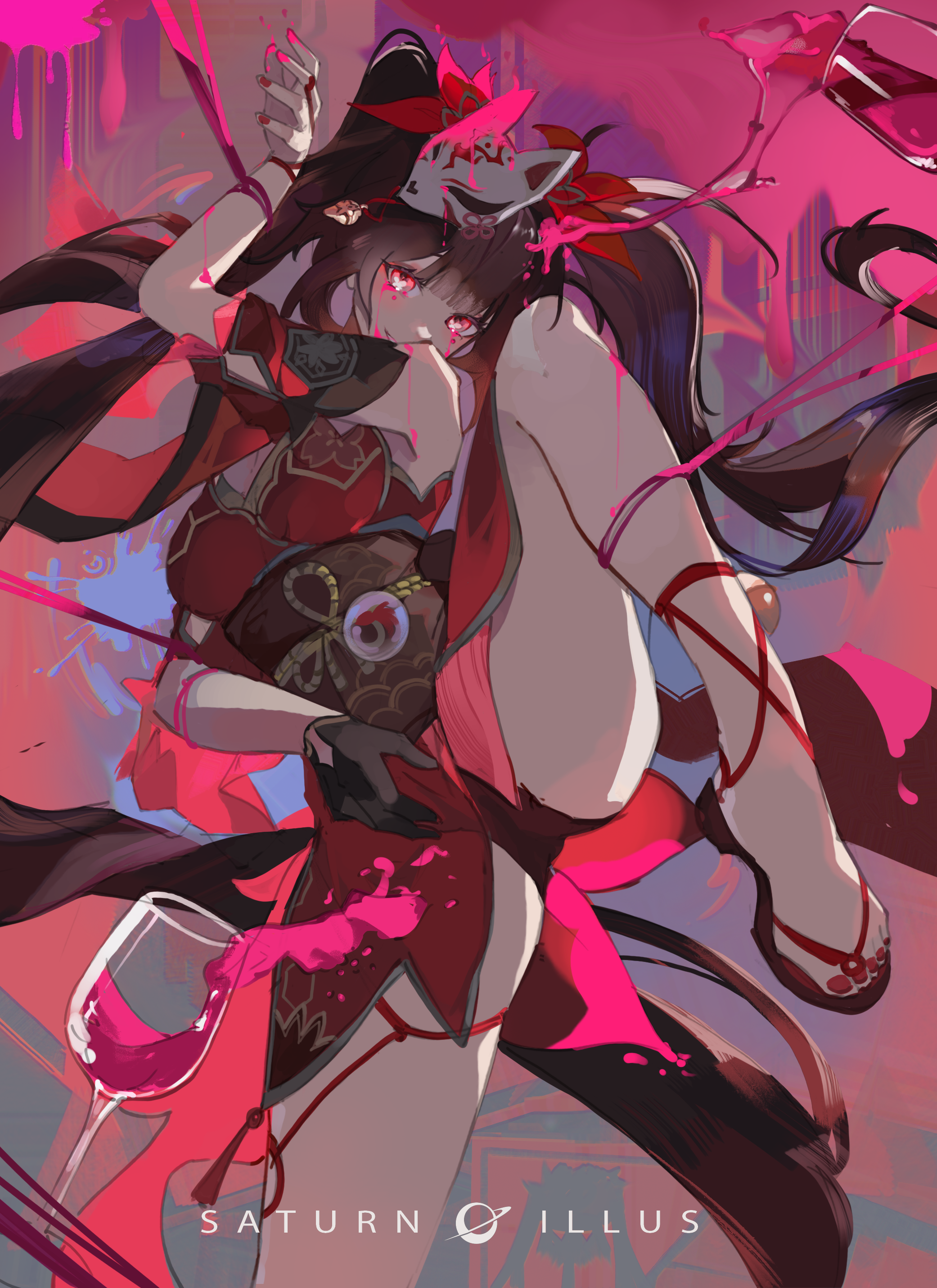 Anime 2082x2860 anime games anime girls Sparkle (Honkai: Star Rail) twintails Honkai: Star Rail portrait display long hair black gloves missing glove gloves looking at viewer spread legs anime saturn_illus smiling brunette red eyes standing on one leg ribbon drinking glass painted nails Japanese clothes sash painted toenails tassels