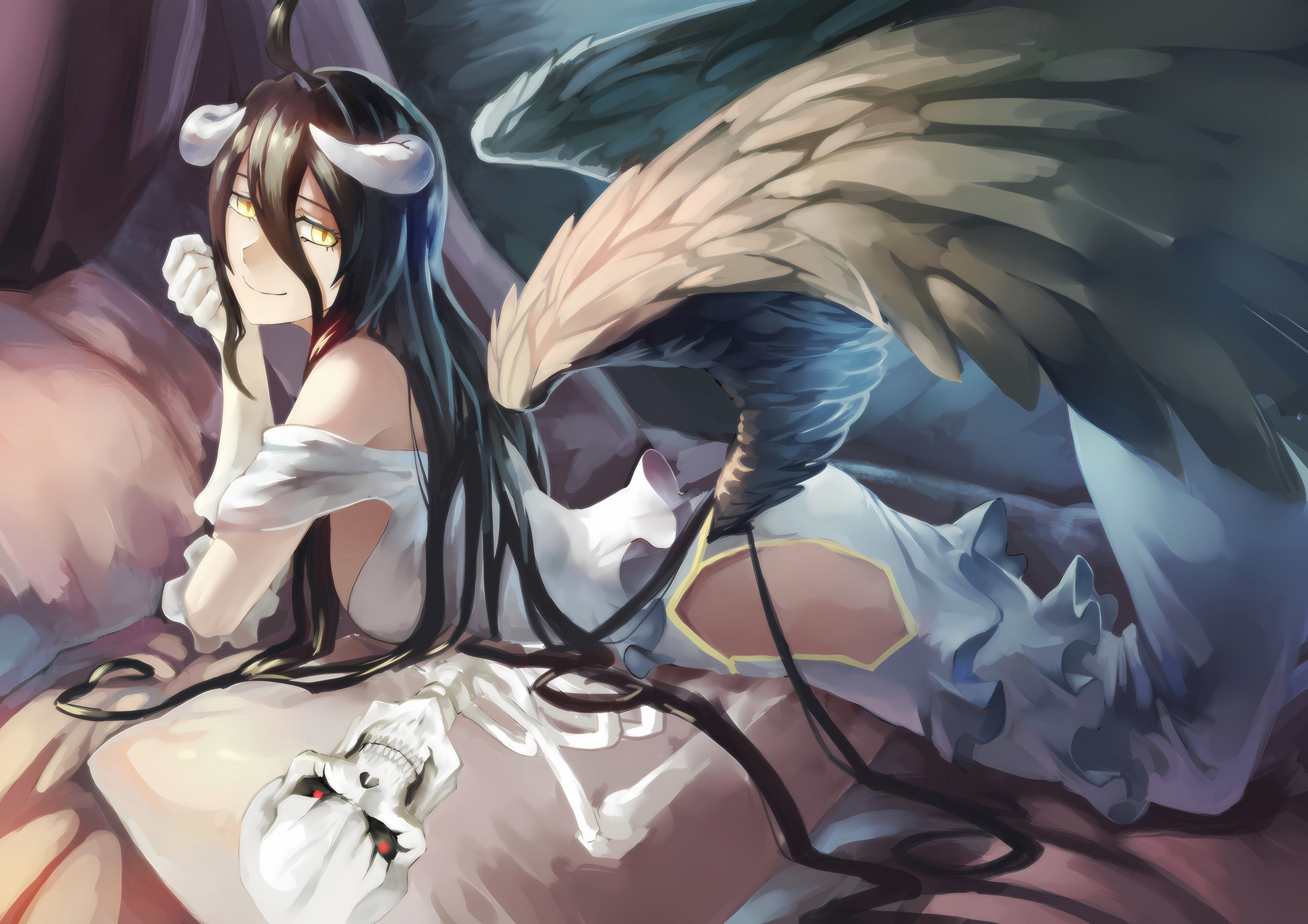 Anime 2400x1696 anime anime girls Overlord (anime) Albedo (OverLord) looking at viewer smiling wings black hair long hair horns yellow eyes