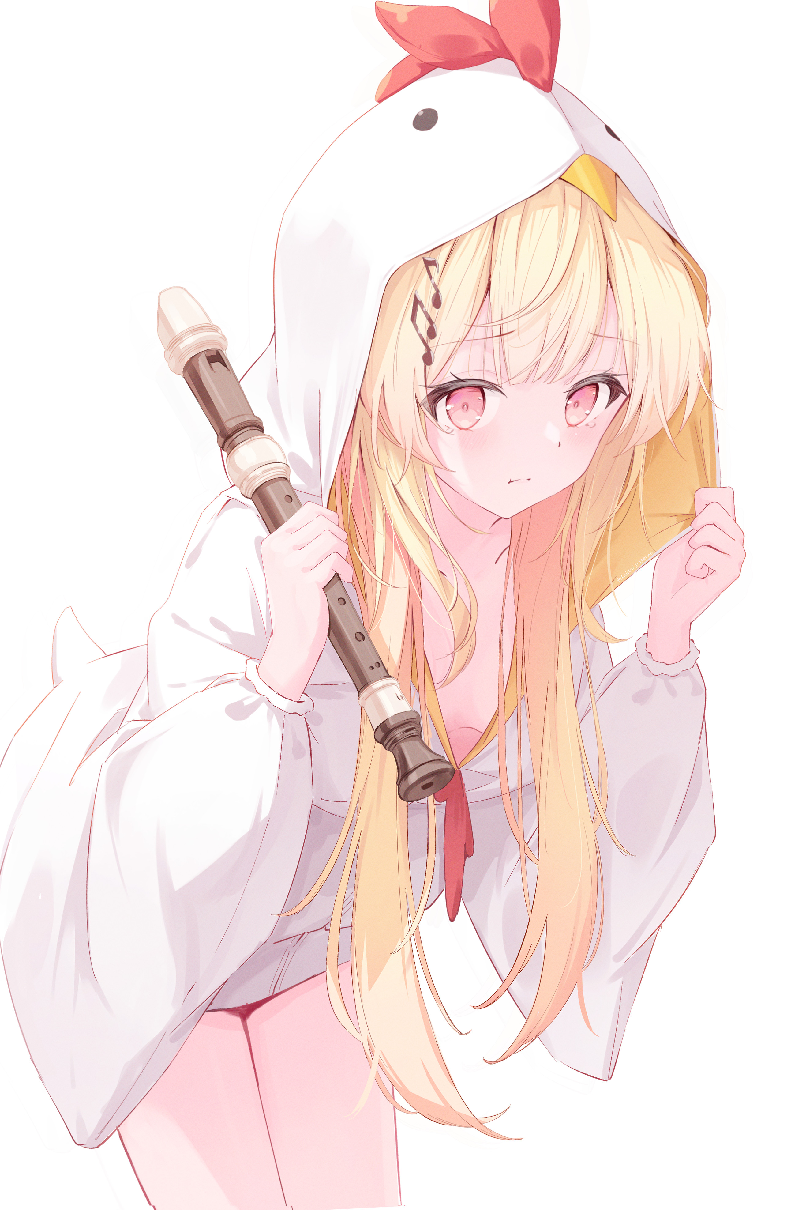 Anime 2584x3951 anime anime girls Daidai Kasame standing Otonose Kanade Hololive Virtual Youtuber long hair white background blonde simple background flute musical instrument tears puffy sleeves musical notes pink eyes looking at viewer hair ornament hoods leaning hair clip pulling clothing no bra small boobs