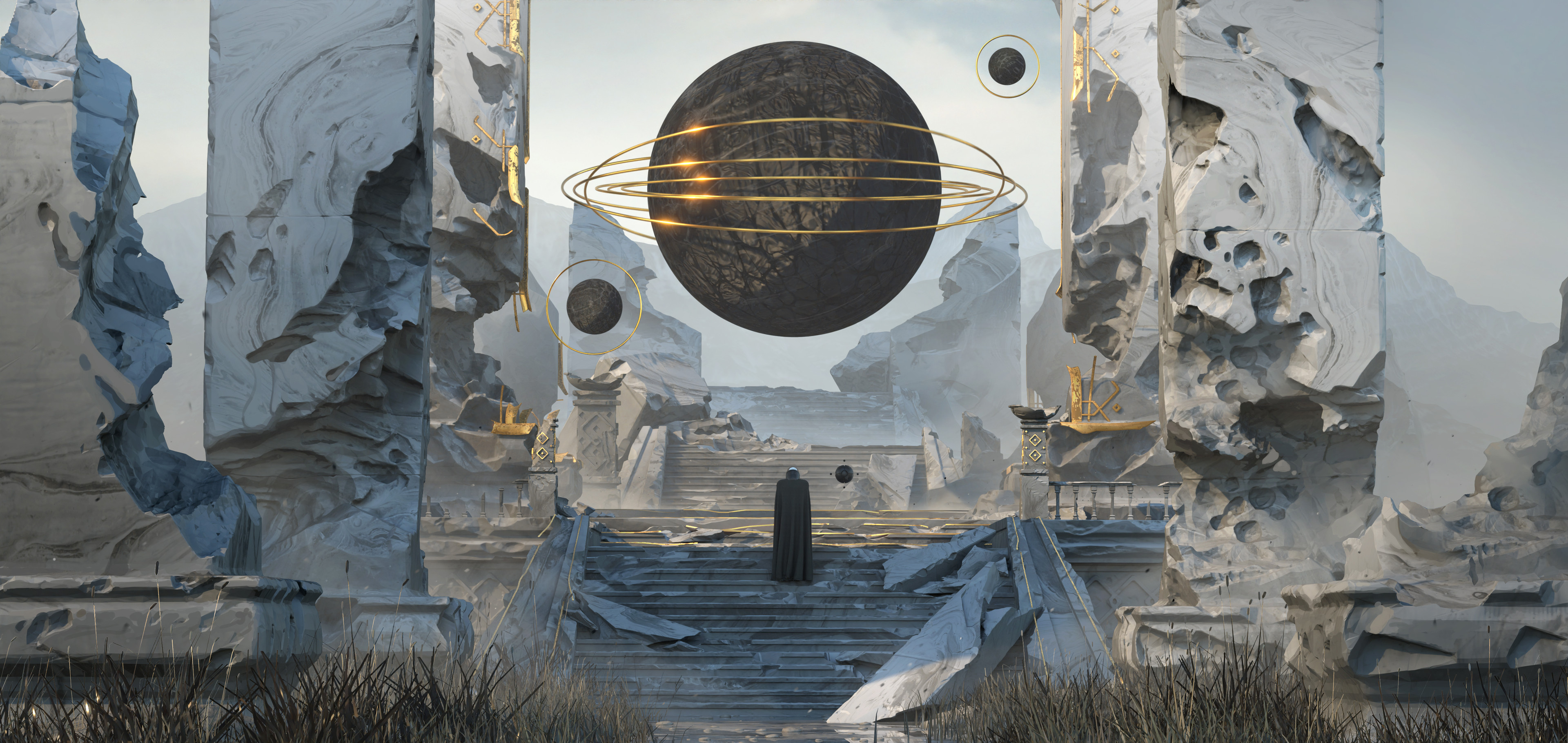 General 3840x1820 Andis Reinbergs digital art artwork illustration futuristic sphere structure stairs science fiction ruins
