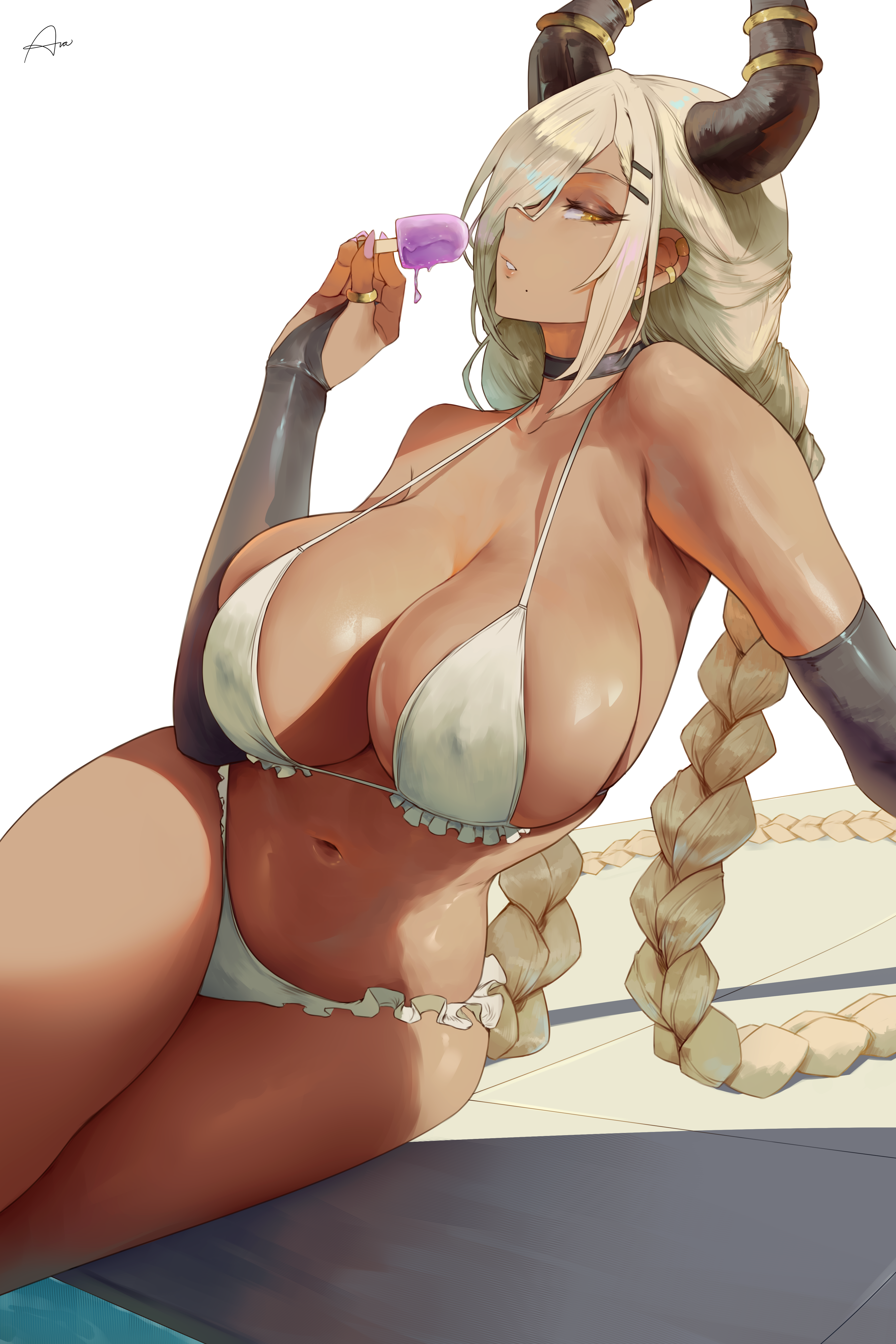 Anime 3600x5400 Owari (Azur Lane) Azur Lane video games anime anime girls artwork drawing fan art Araneesama huge breasts underwear portrait display popsicle looking at viewer twintails long hair hair over one eye signature yellow eyes mole under mouth moles blonde elbow gloves gloves black gloves collarbone horns white background 2D