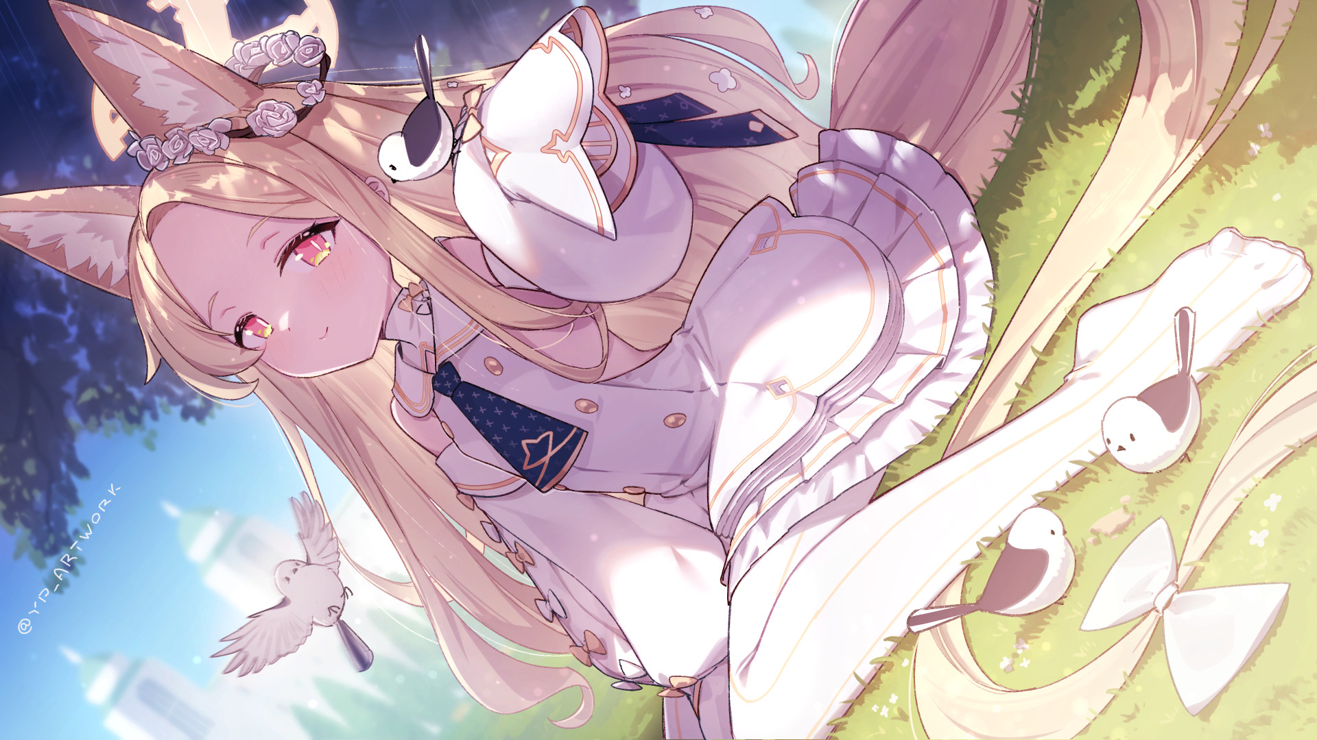 Anime 1920x1080 Yurizono Seia (Blue Archive) Blue Archive blonde long hair dress anime girls loli closed mouth grass women outdoors sunlight looking at viewer birds animals detached sleeves watermarked fox girl fox ears fox tail frills on the ground bare shoulders smiling