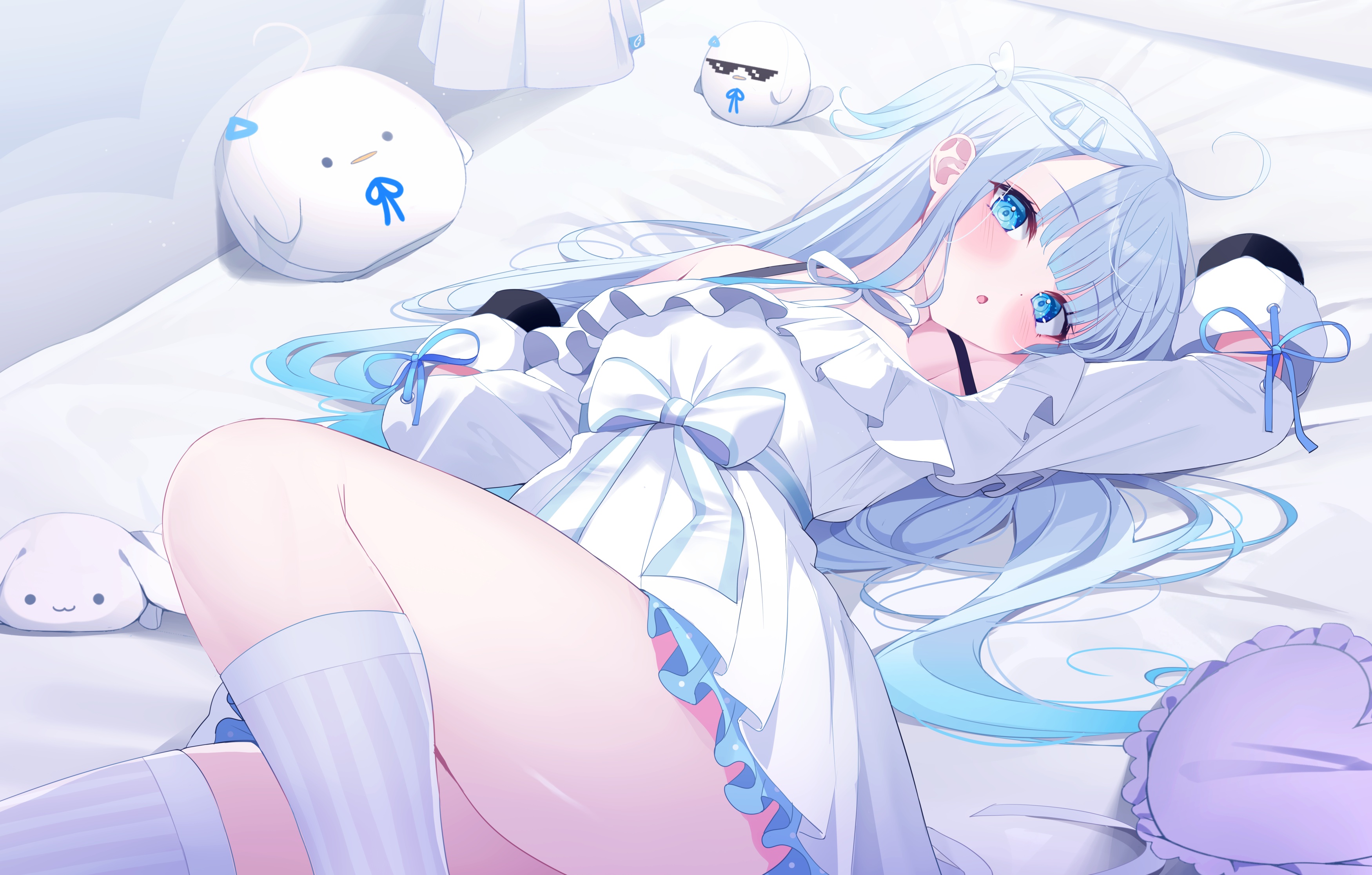 Anime 3500x2231 anime anime girls white white dress white hair blue eyes lying down in bed bed bedroom small boobs white socks thigh high socks bra straps ribbon miniskirt short clothes blushing bright Deyui frills Amatsuka Uto Voice-Ore open mouth lying on back in bedroom white clothing socks bare shoulders ahoge looking at viewer gradient hair