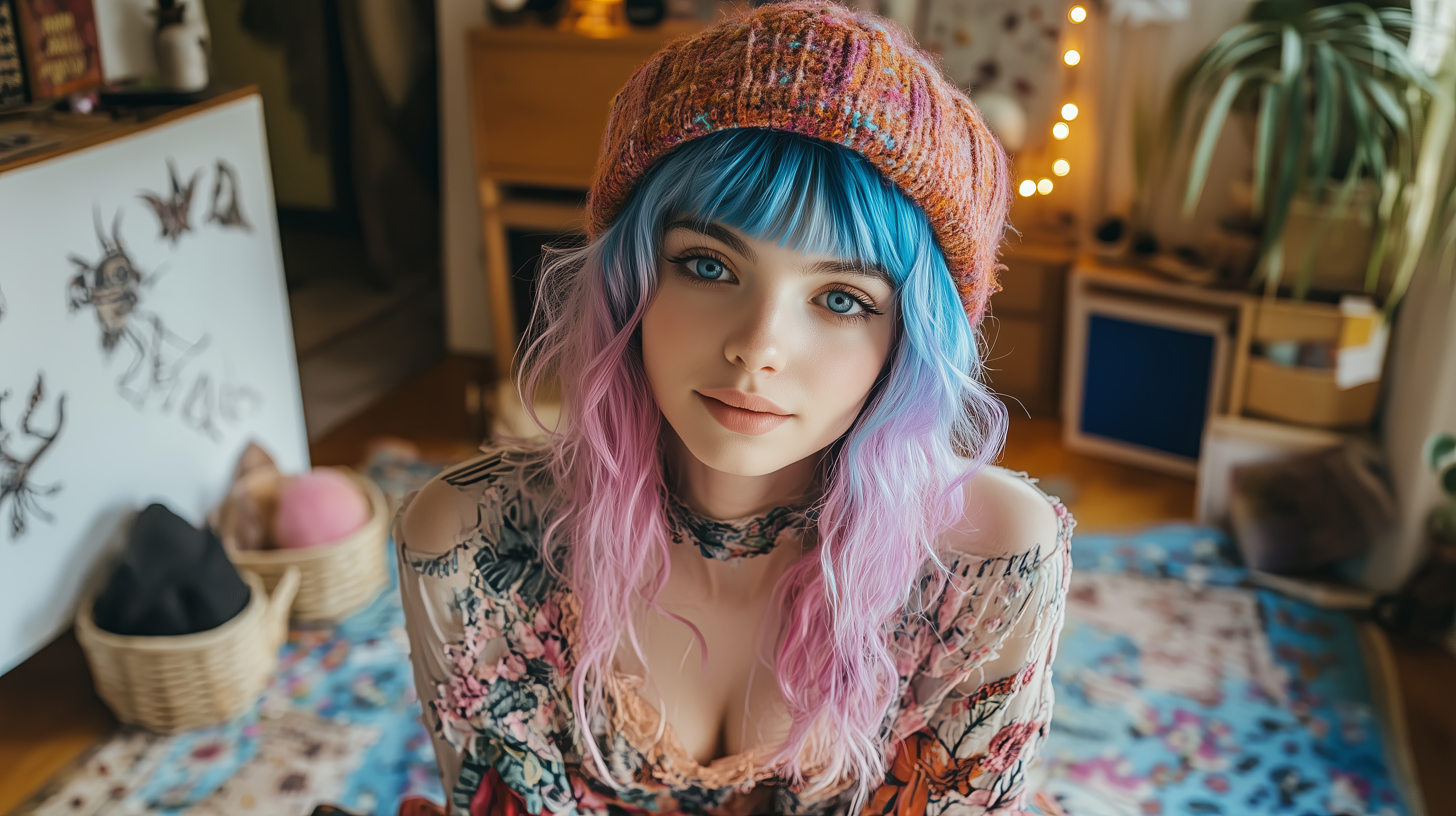 General 5824x3264 AI art women illustration looking at viewer blue hair pink hair beanie cleavage