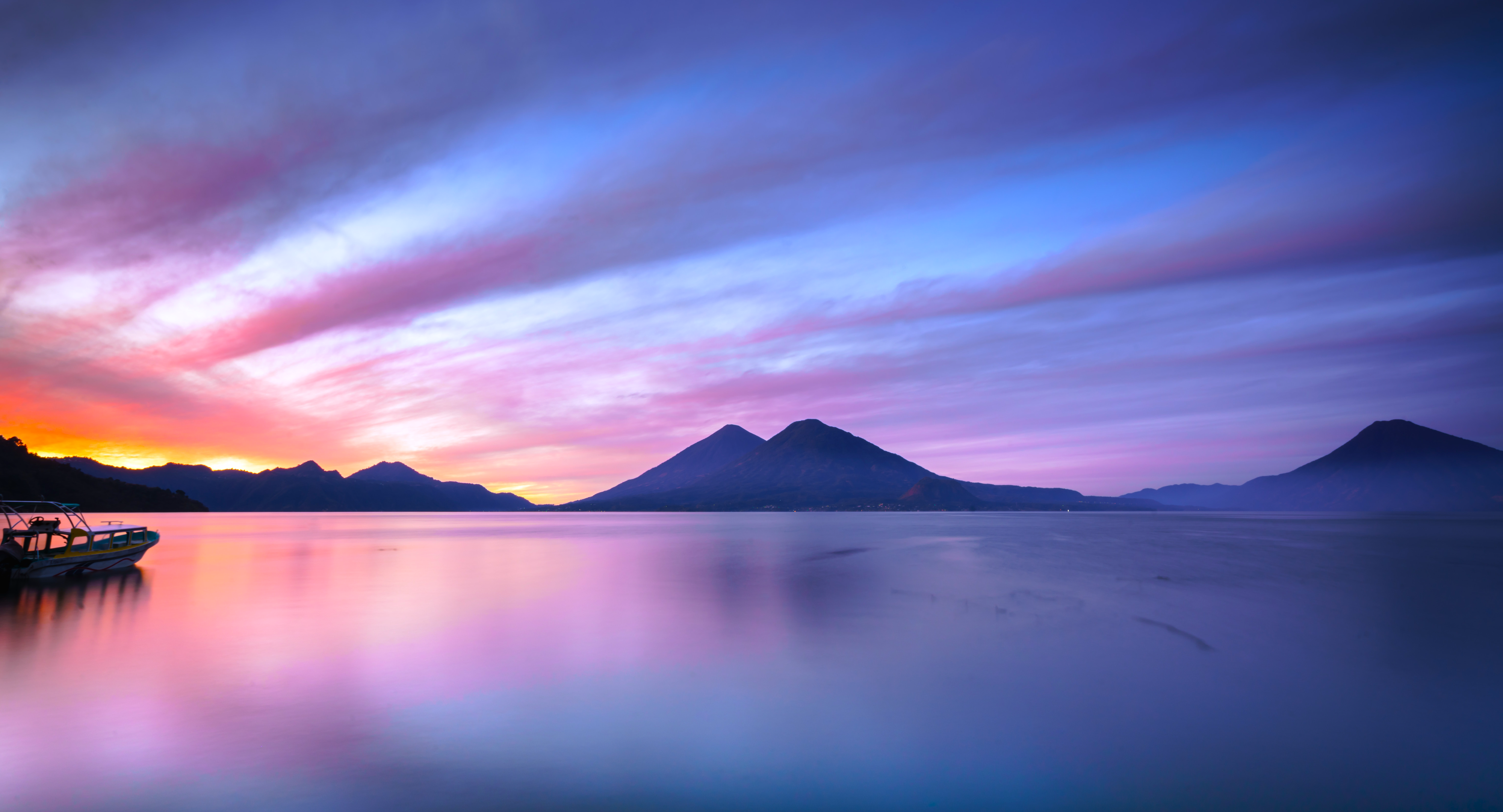 General 4000x2161 nature landscape sky clouds mountains boat water river sunset long exposure Guatemala Daniel Burton