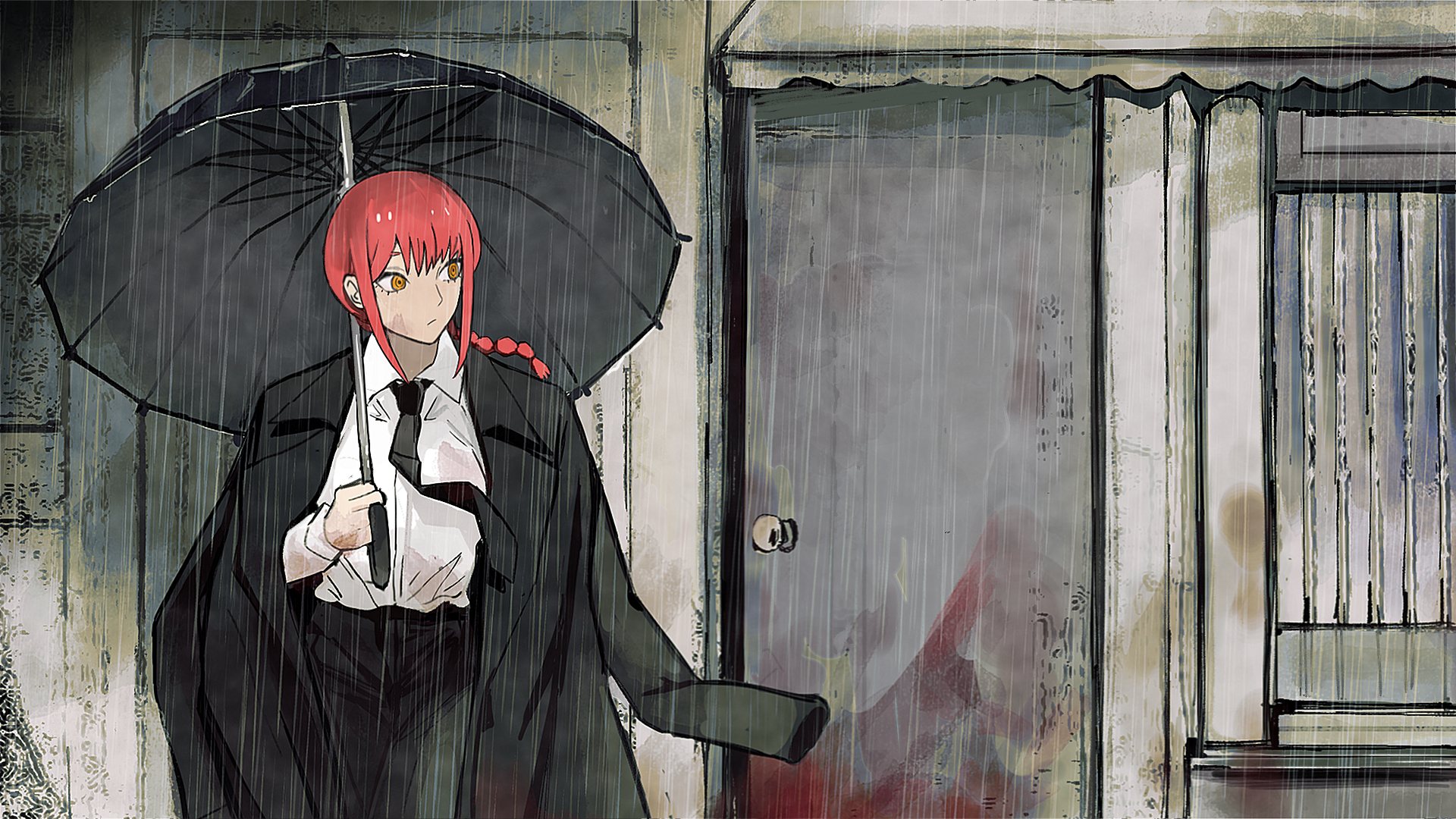 Anime 1920x1080 Makima (Chainsaw Man) redhead coats umbrella rain Chainsaw Man anime girls yellow eyes