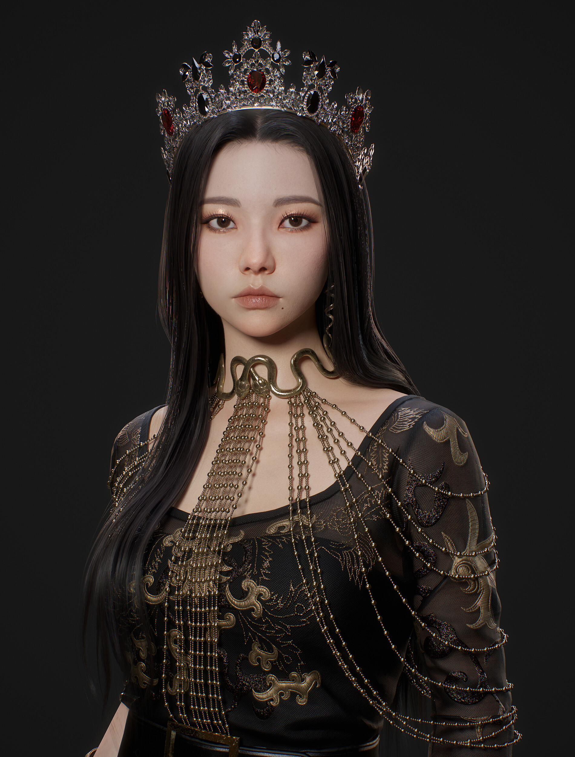 General 1900x2500 Soyeon Jeong CGI women brunette crown dress black clothing simple background glamour portrait Aespa closed mouth tiaras Asian
