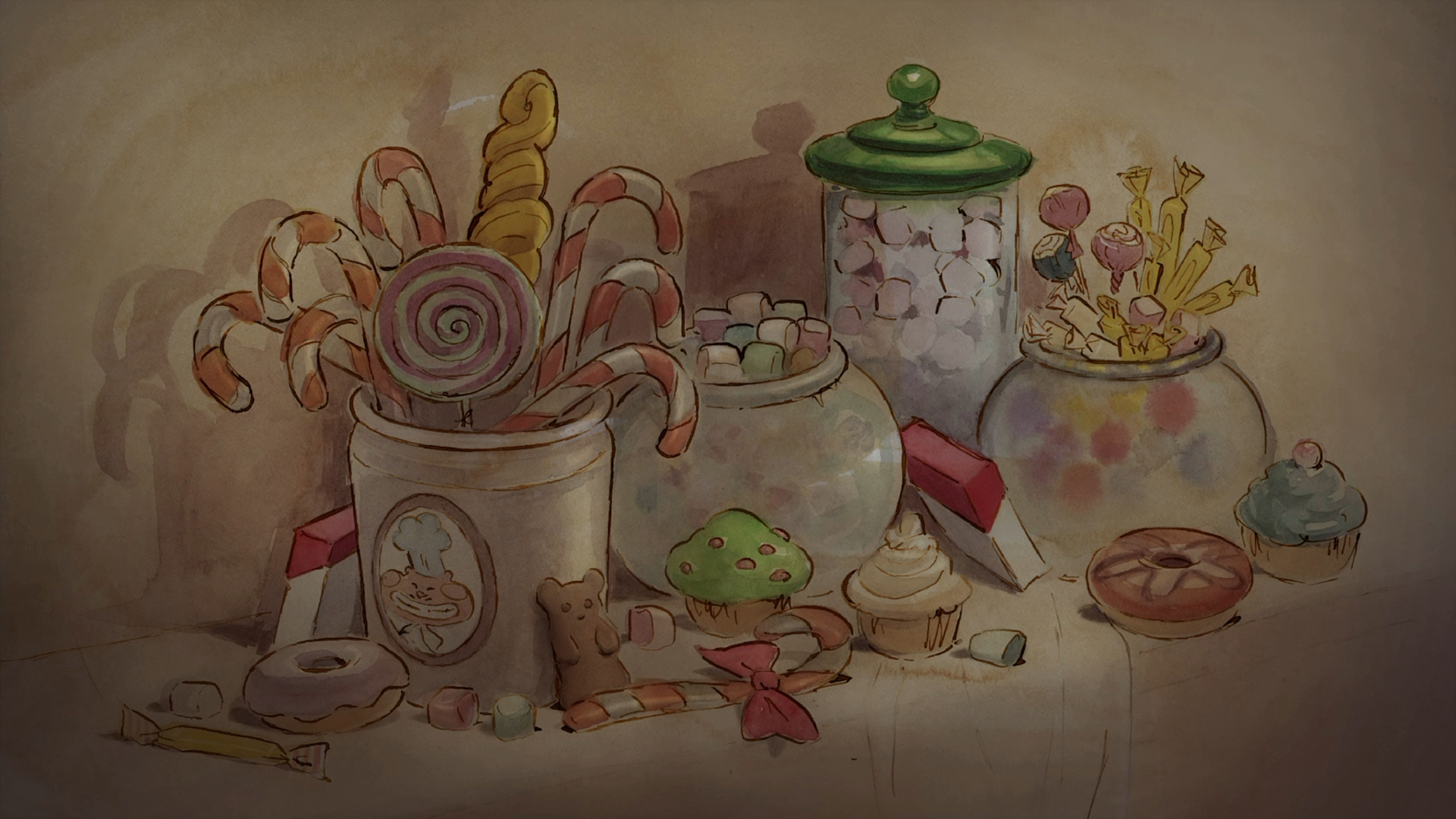 General 1920x1080 watercolor style screen shot Ernest & Celestine candy cupcakes sweets Candy Cane