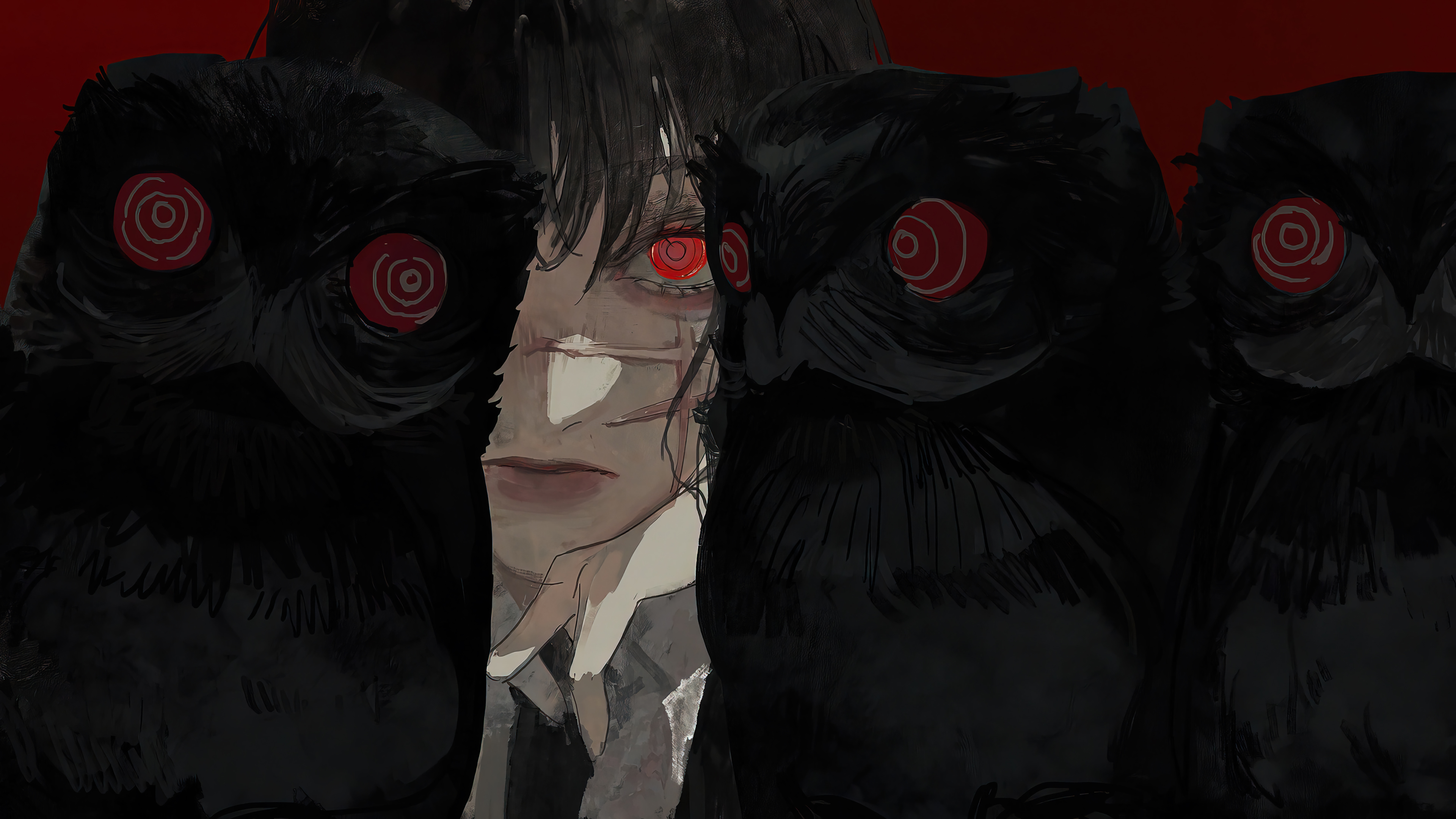 Anime 3840x2160 Chainsaw Man red background stare red eyes looking at viewer anime girls Mitaka Asa (Chainsaw Man)